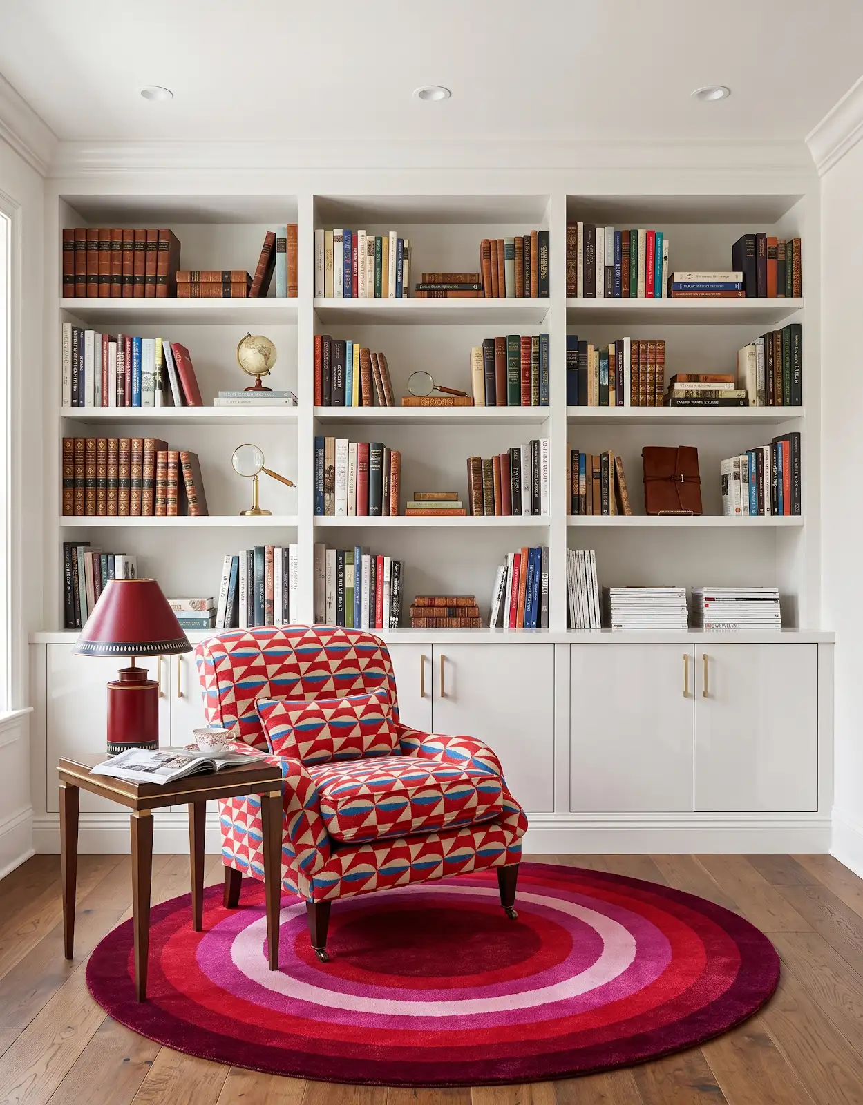 AI-generated room concept with white bookshelves, red lamp and a circular red rug
