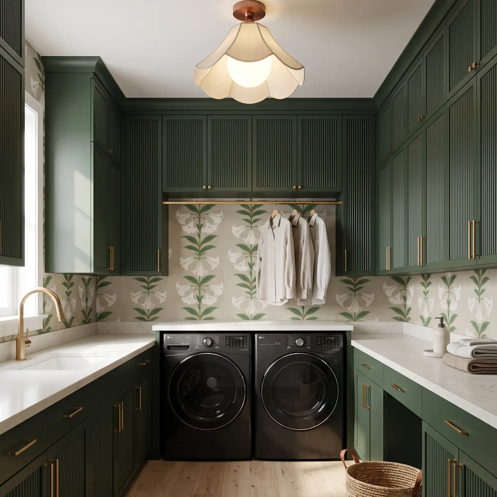 AI-generated room concept with green laundry cabinets and pale counters