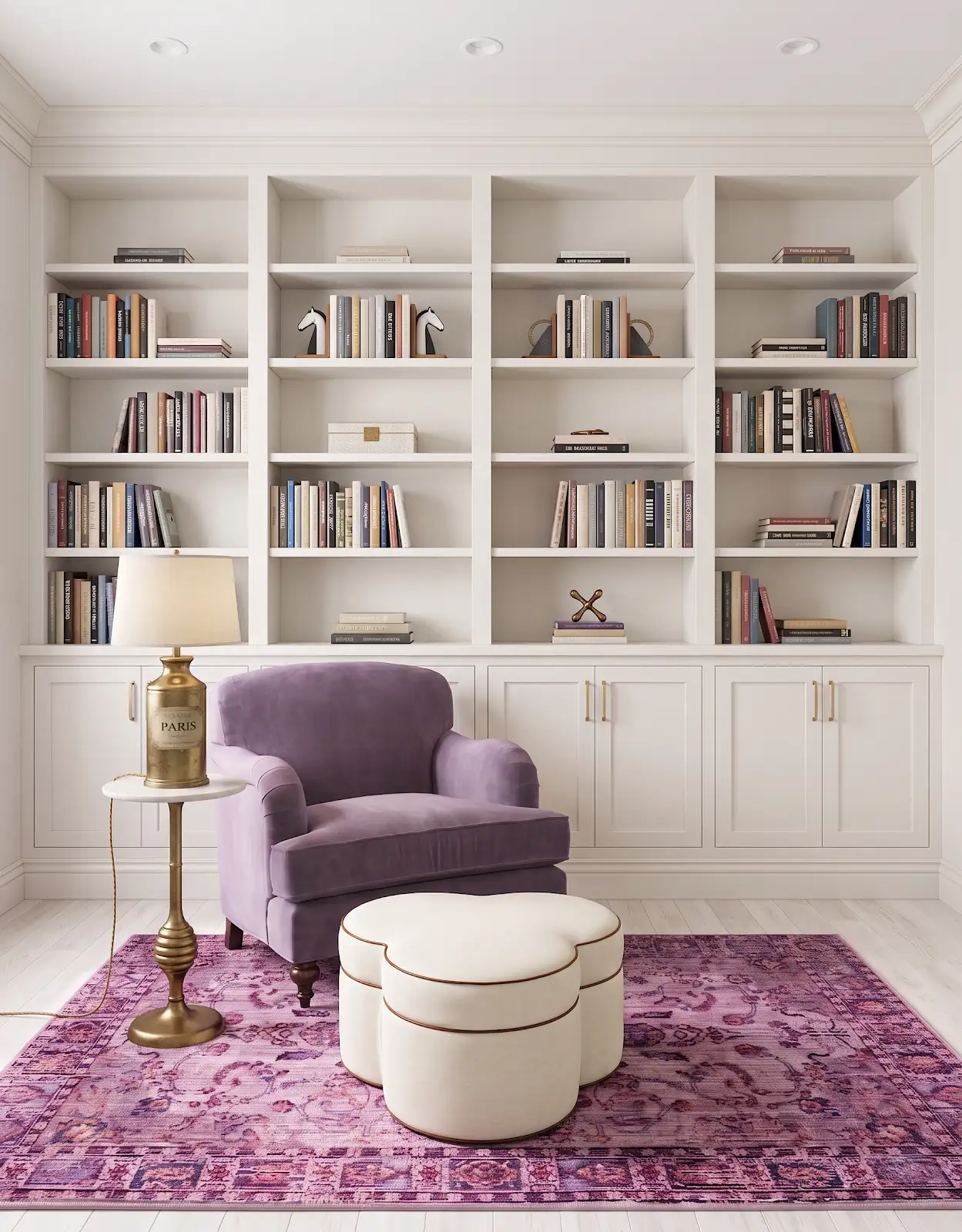 AI-generated room concept with white bookshelves, a purple chair, table lamp and rug