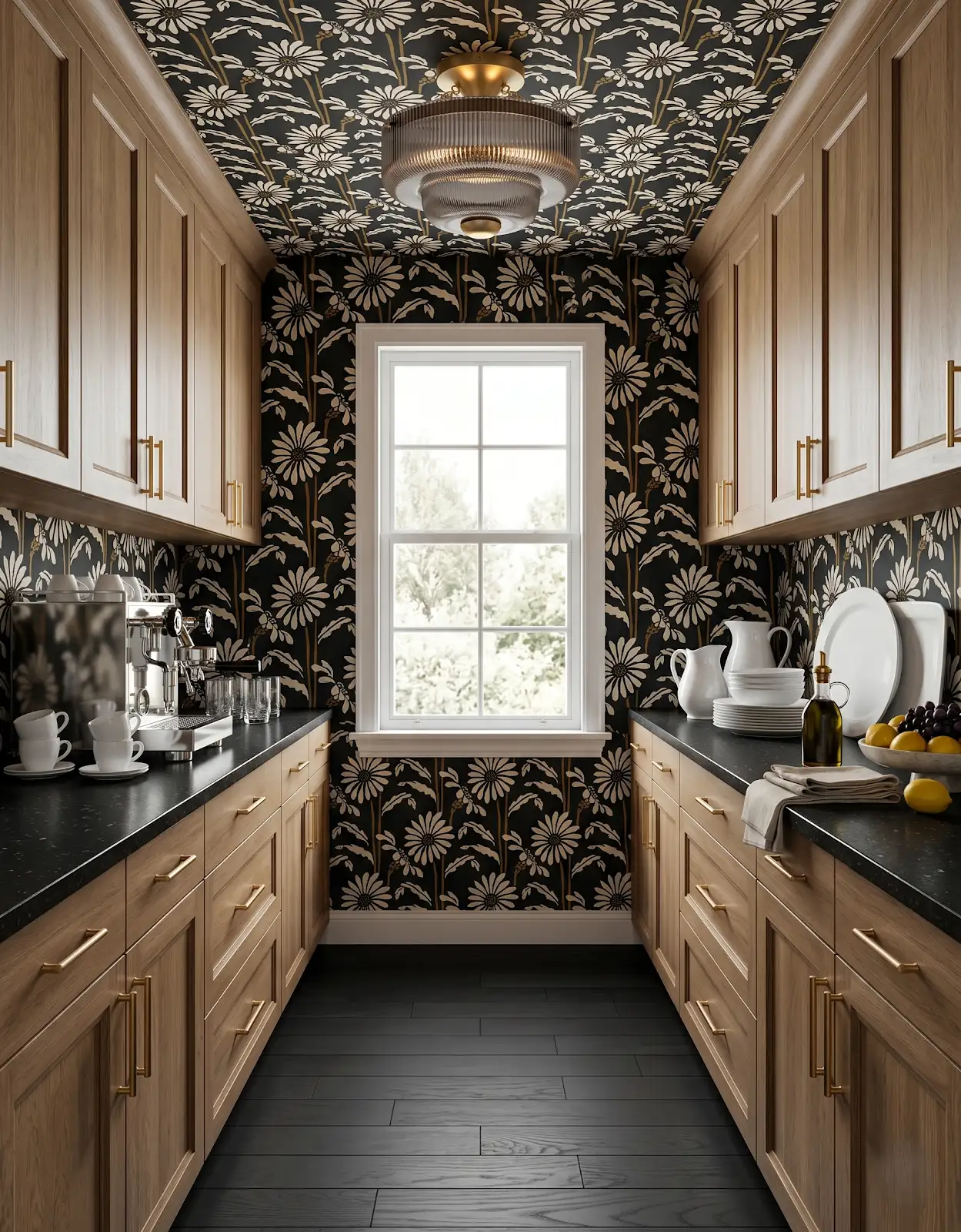 AI-generated room concept with wood pantry cabinets and dark floral walls