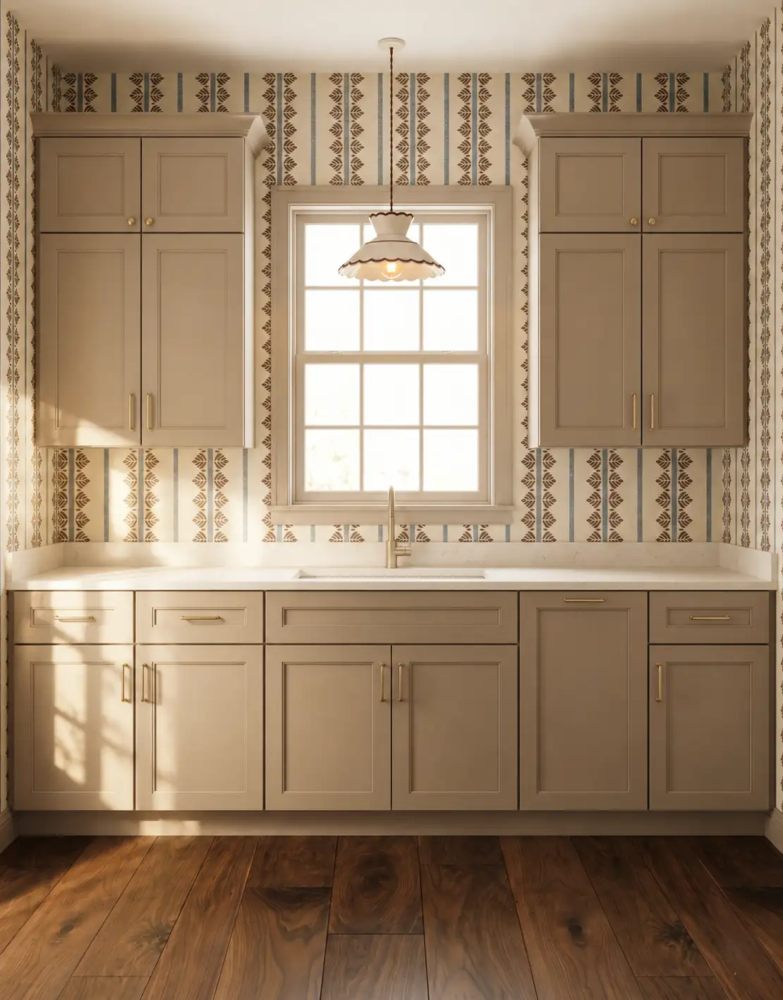 AI-generated room concept with taupe utility cabinets and a sunny window