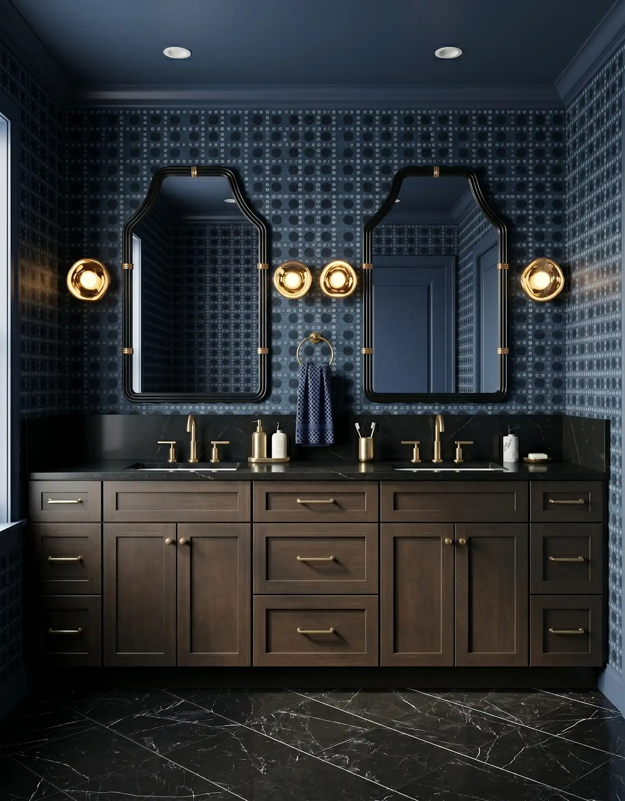 AI-generated room concept with dark vanity and navy walls