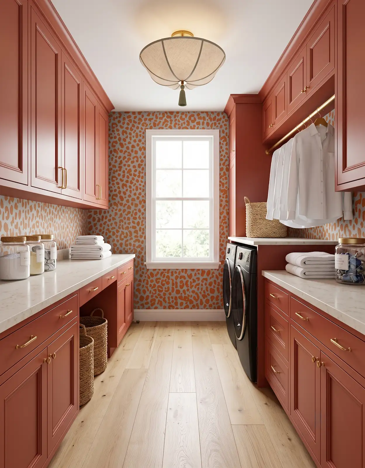 AI-generated room concept with terracotta laundry cabinets above a pale floor