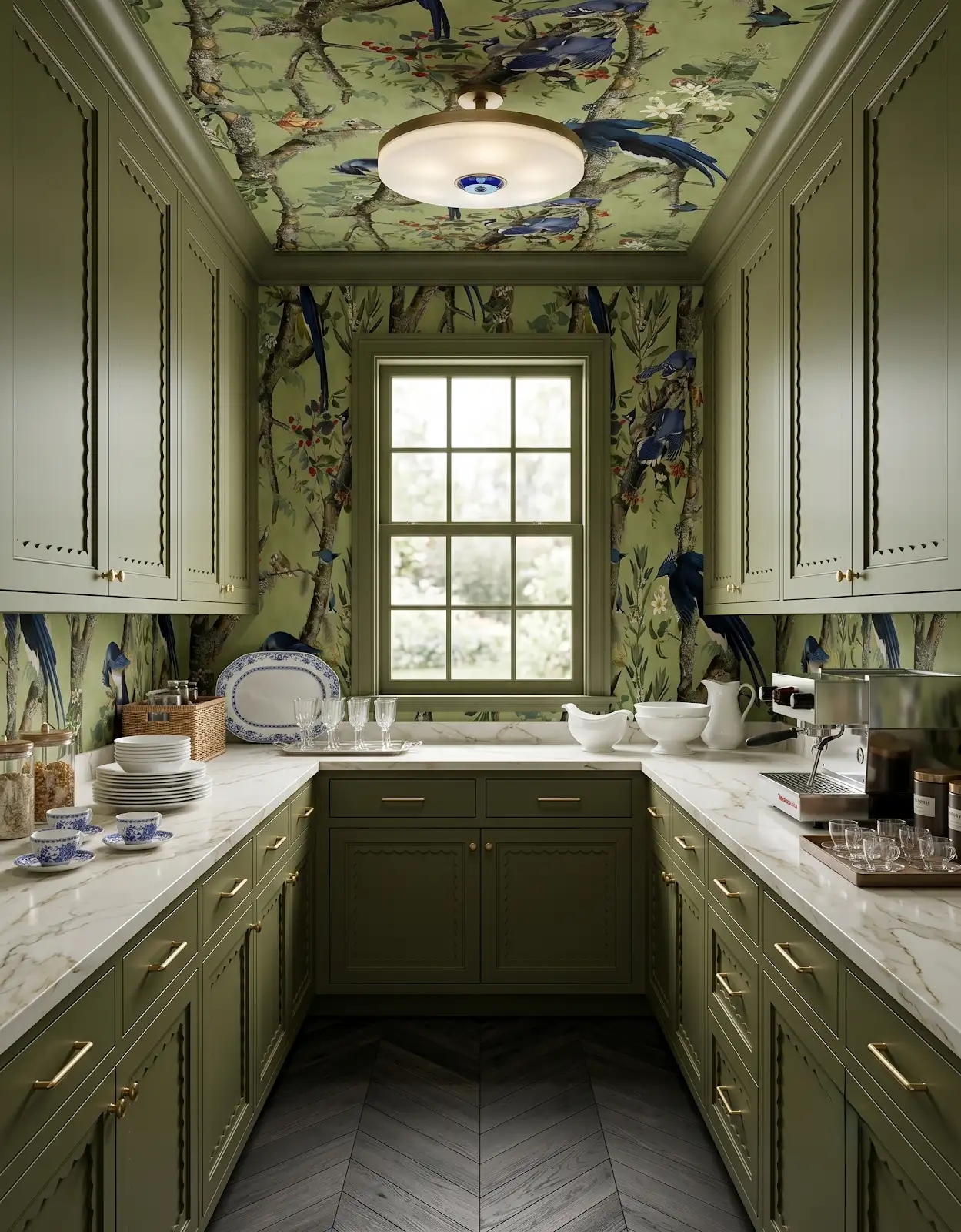 AI-generated room concept with deep green pantry cabinets and bird-pattern walls