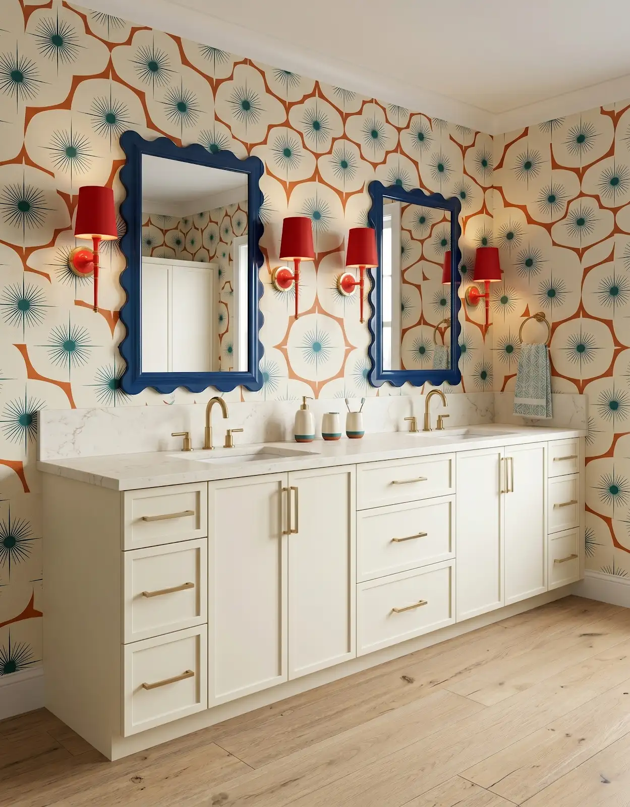 AI-generated room concept with white vanity, blue mirrors and red sconces