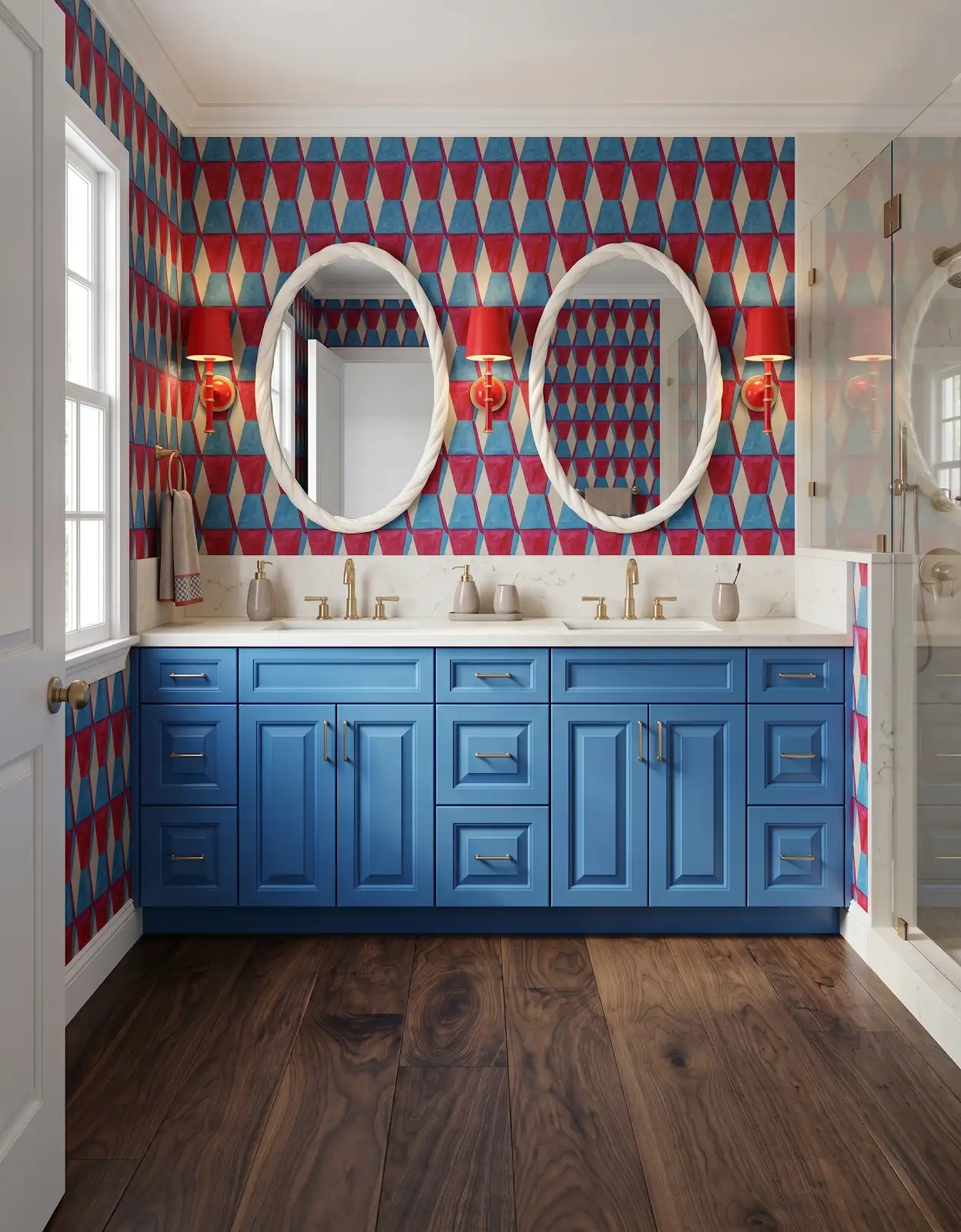 AI-generated room concept with blue vanity and geometric red-and-blue walls