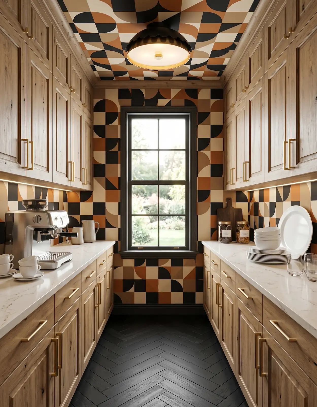 AI-generated room concept with wood pantry cabinets and a geometric patterned wall