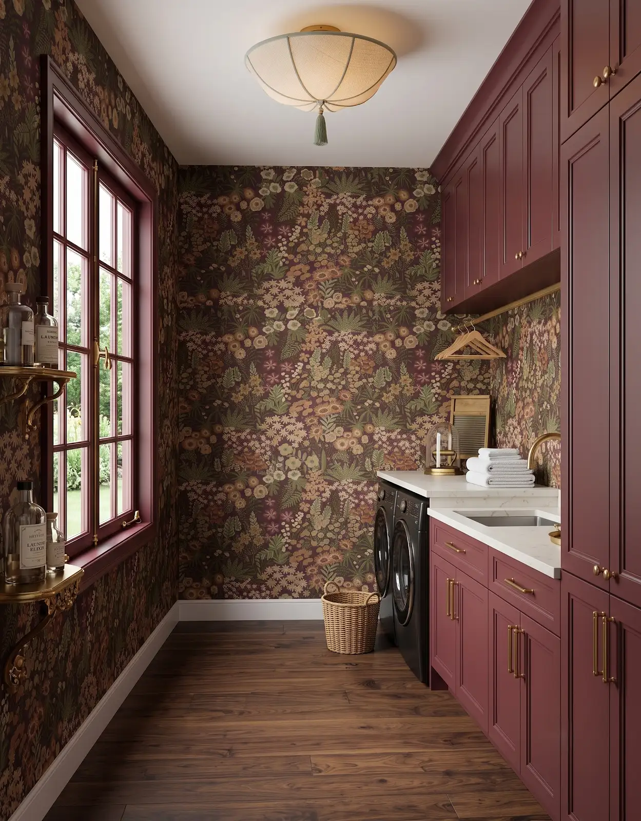 AI-generated room concept with plum utility cabinets and floral walls