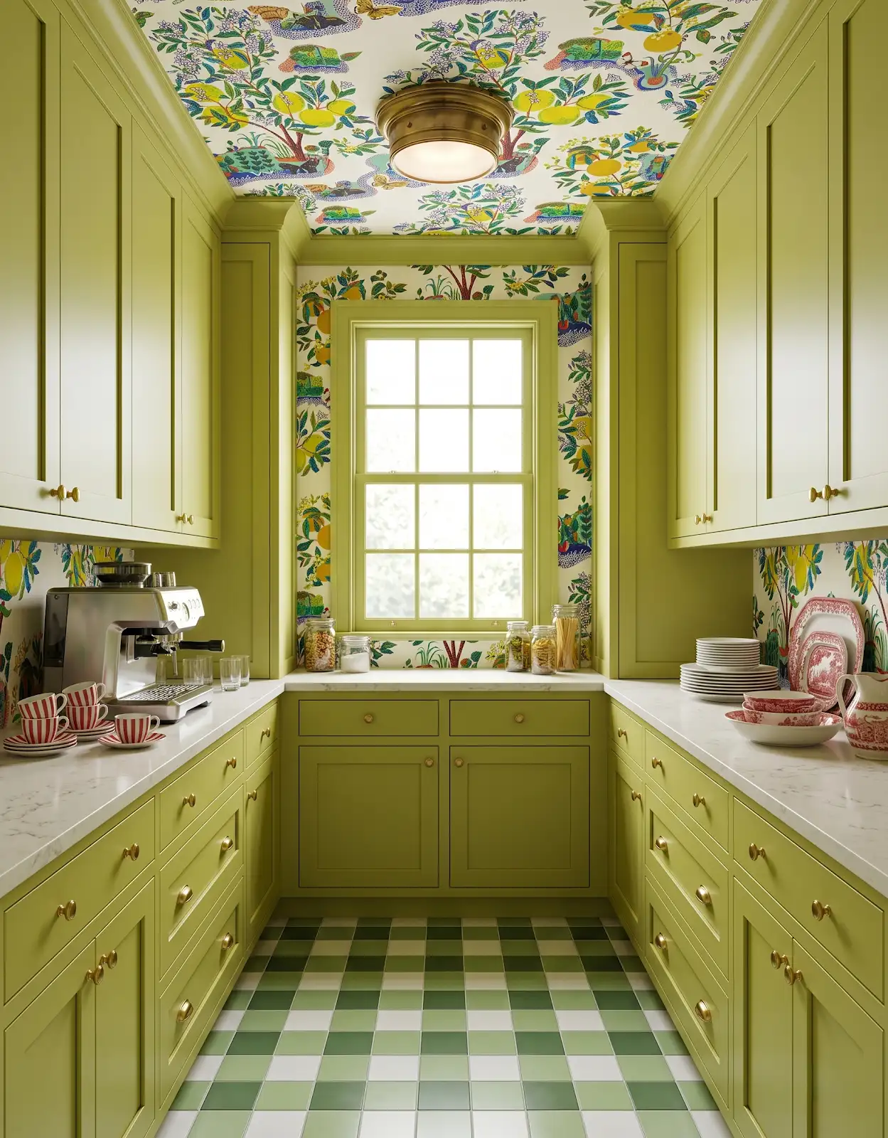 AI-generated room concept with chartreuse pantry cabinets and a green checked floor