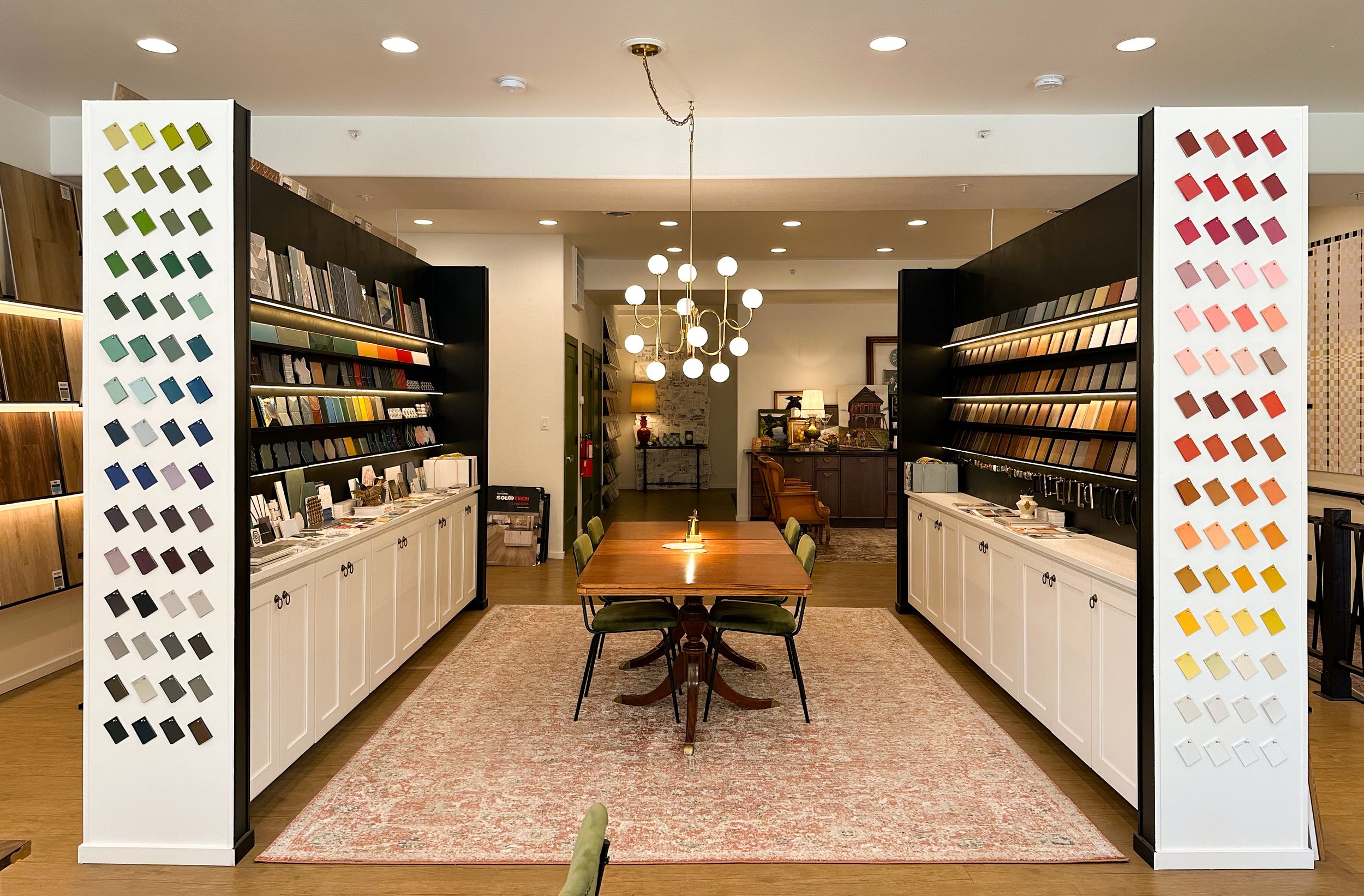 View through the Design Center showroom with hardware and material displays