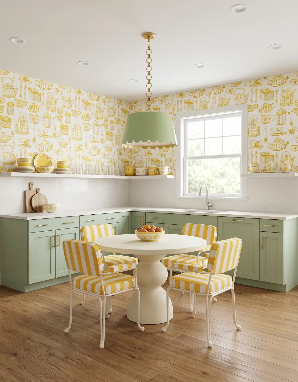 AI-generated room concept with sage cabinets, yellow accents and striped chairs
