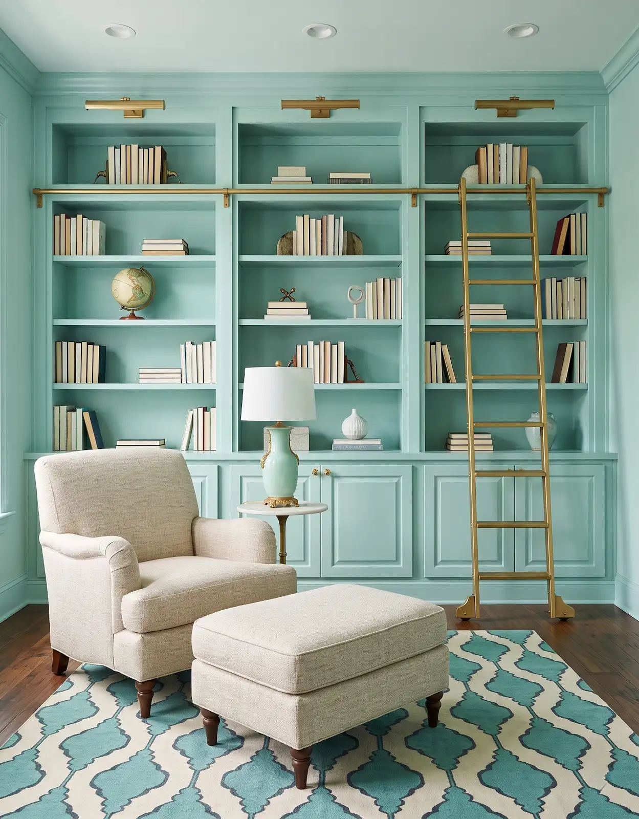 AI-generated room concept with turquoise bookshelves, a library ladder and a cream chair