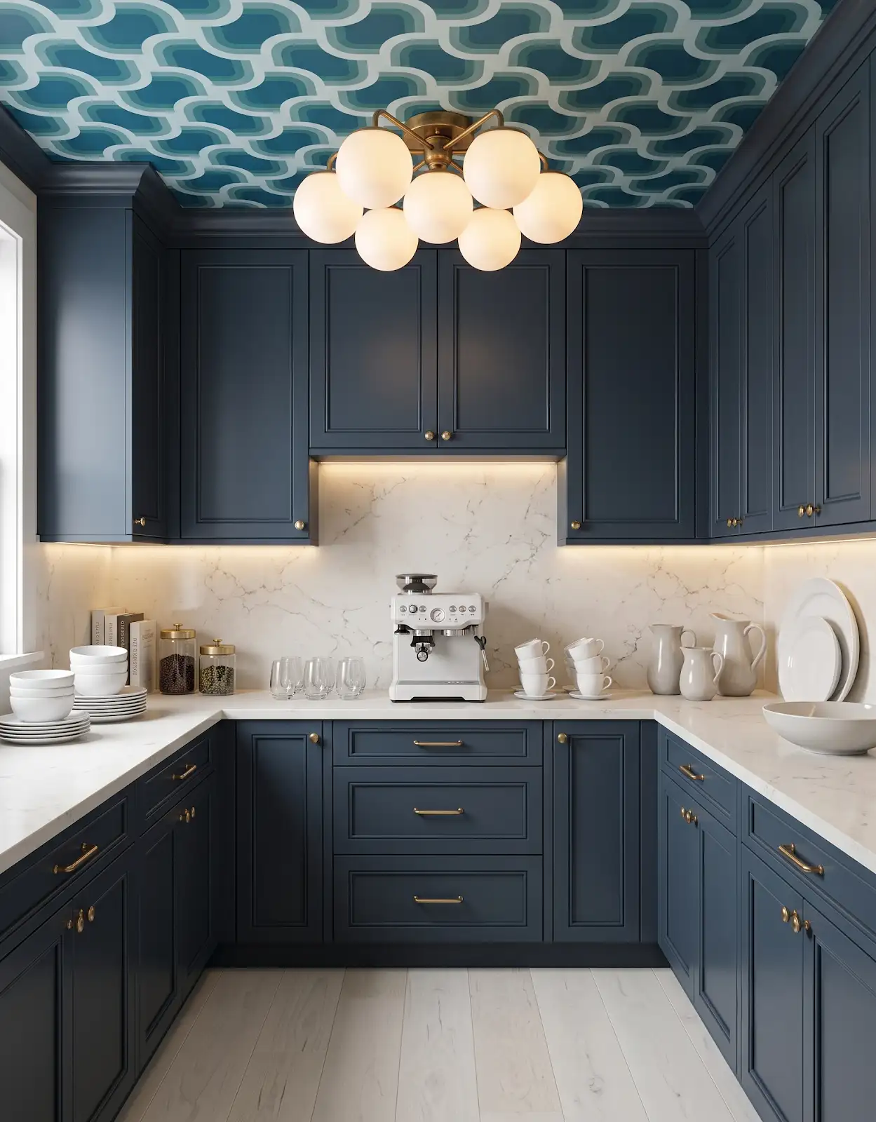 AI-generated room concept with navy pantry cabinets and a pale floor