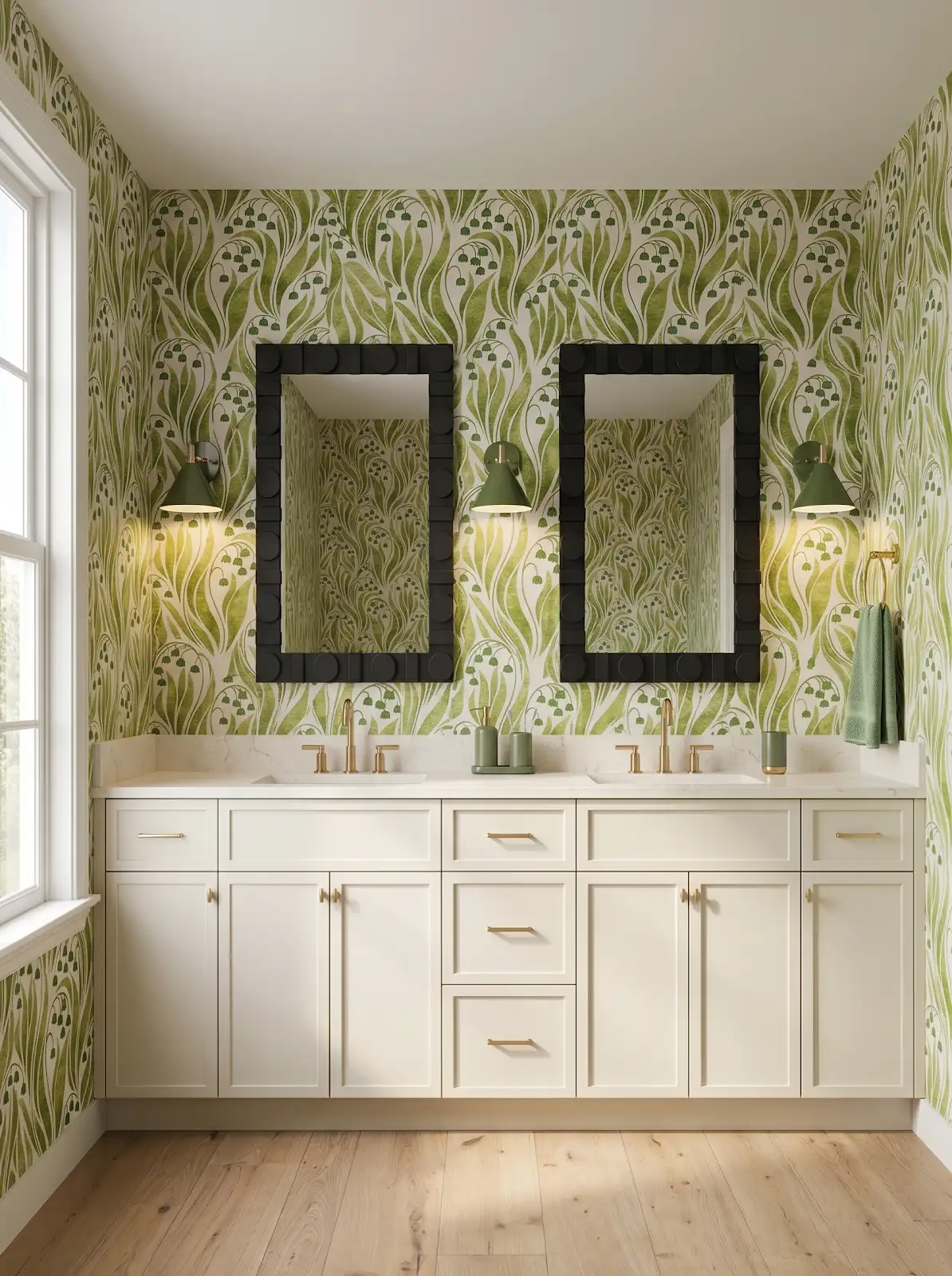 AI-generated room concept with cream vanity and leafy green walls