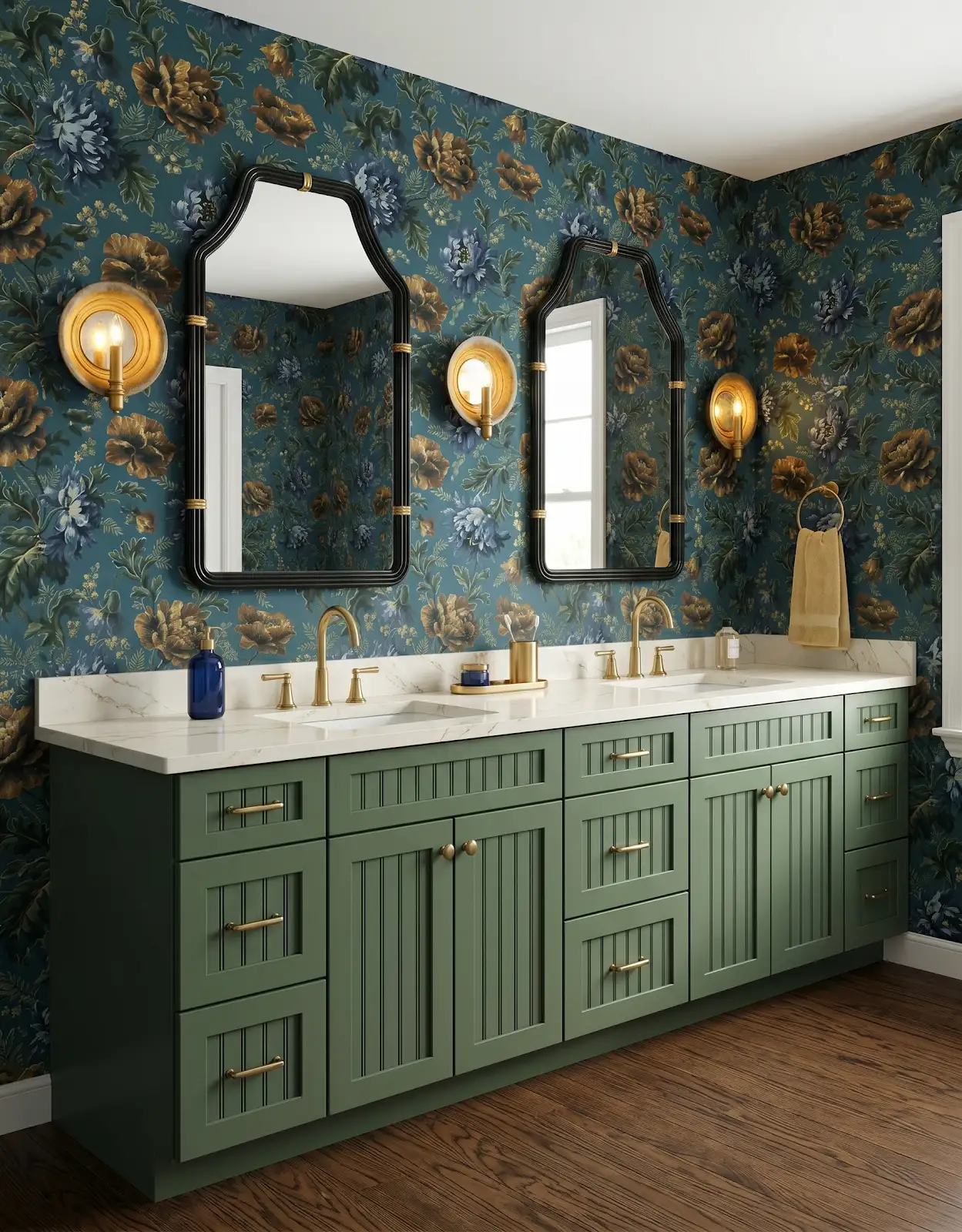AI-generated room concept with green vanity and dark botanical walls