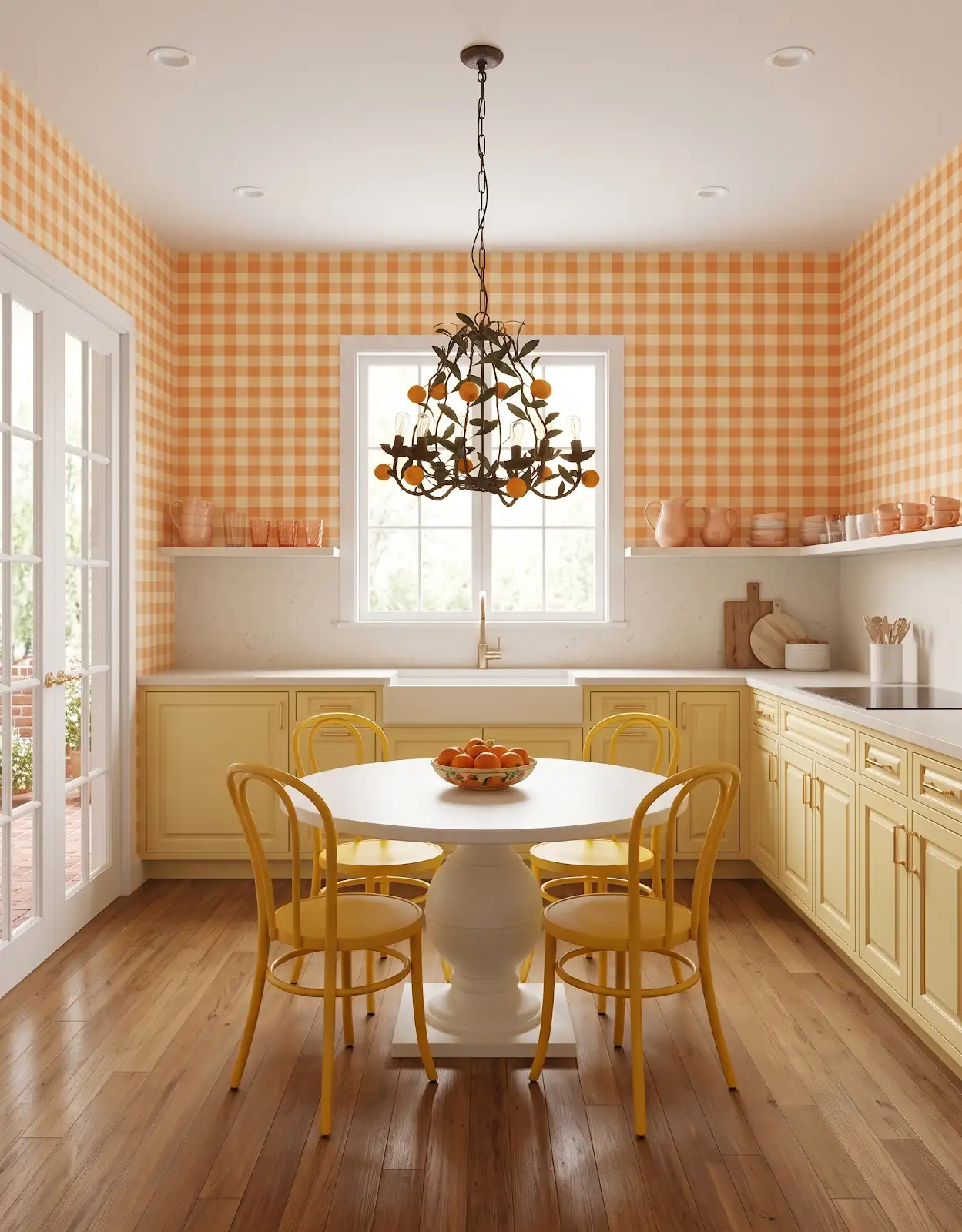 AI-generated room concept with pale yellow cabinets and orange gingham walls