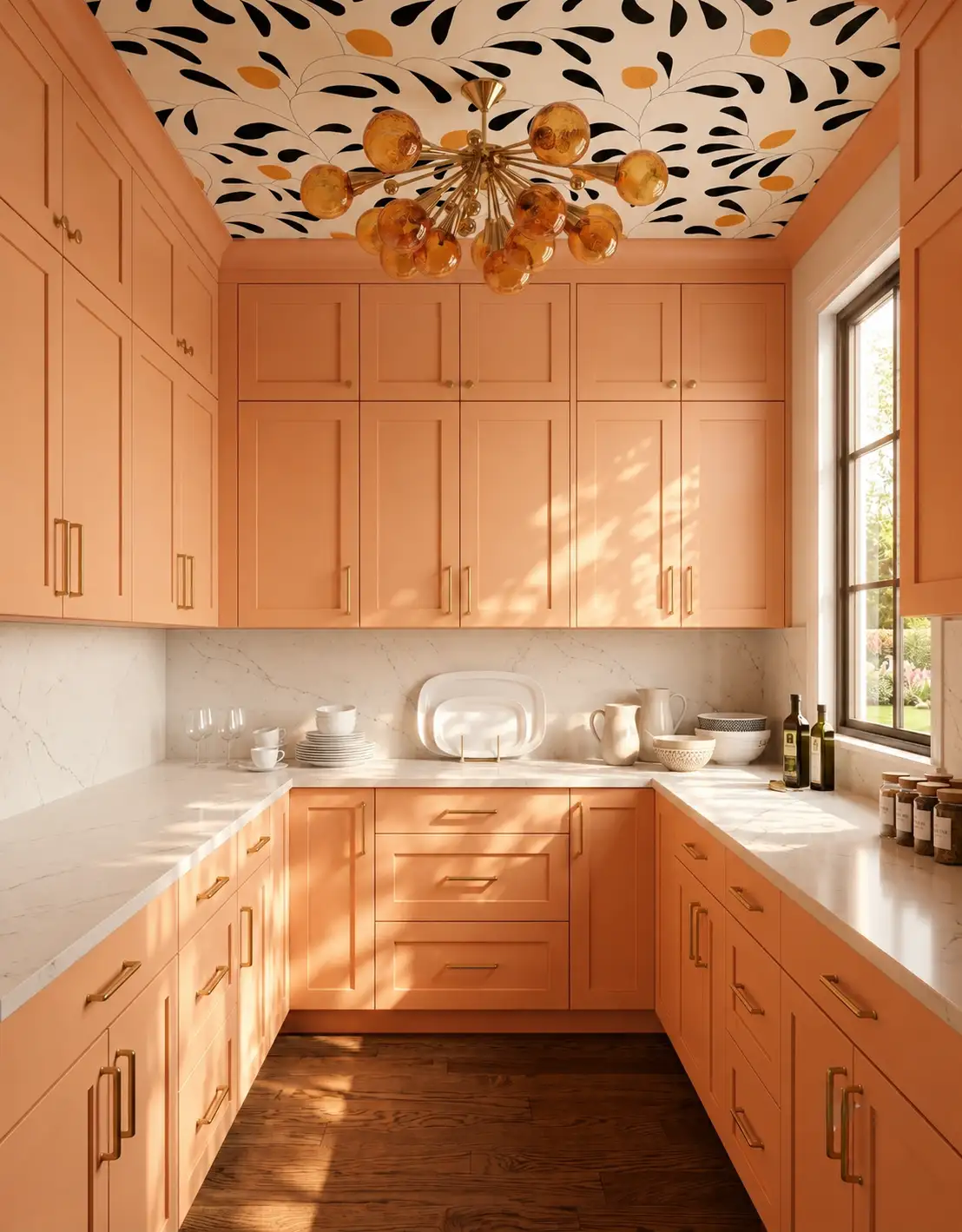 AI-generated room concept with peach pantry cabinets in warm window light