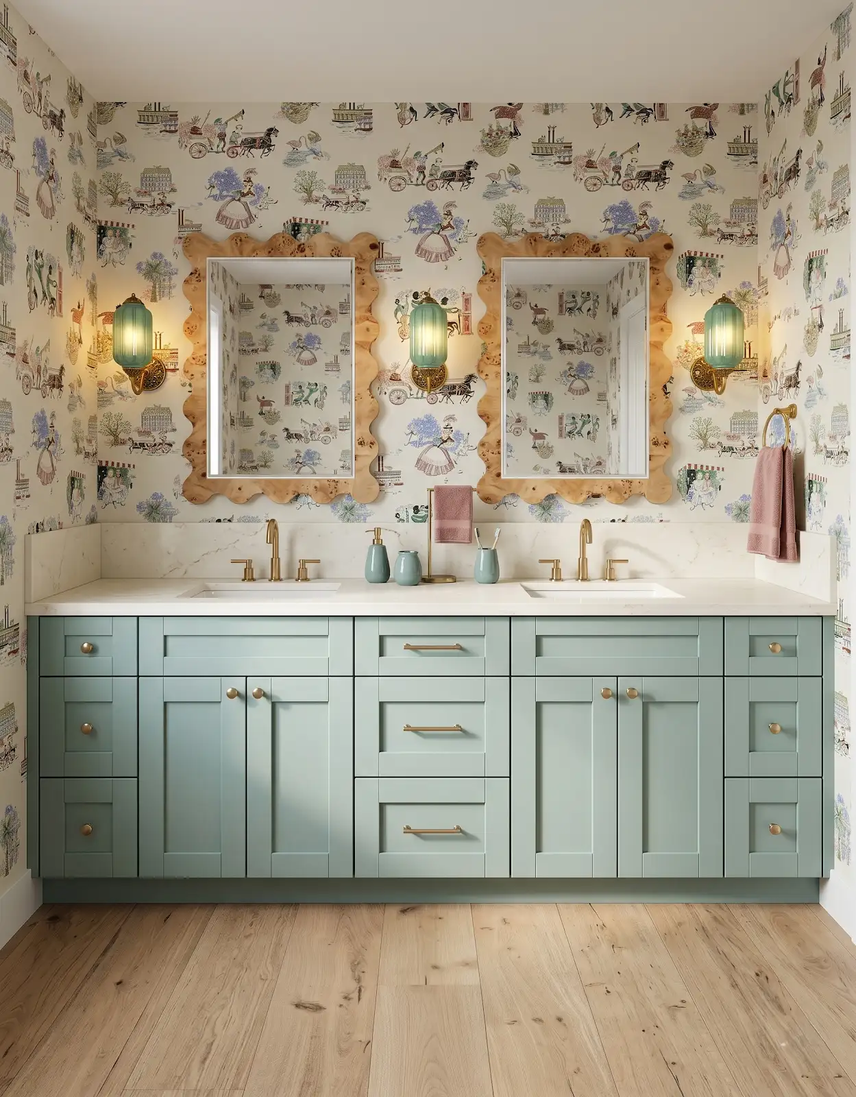 AI-generated room concept with pale blue vanity and pale wood-look floor