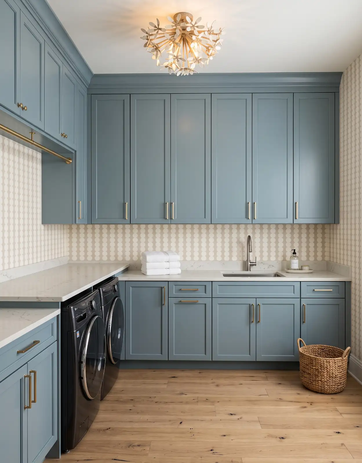 AI-generated room concept with pale blue laundry cabinets and wood-look flooring