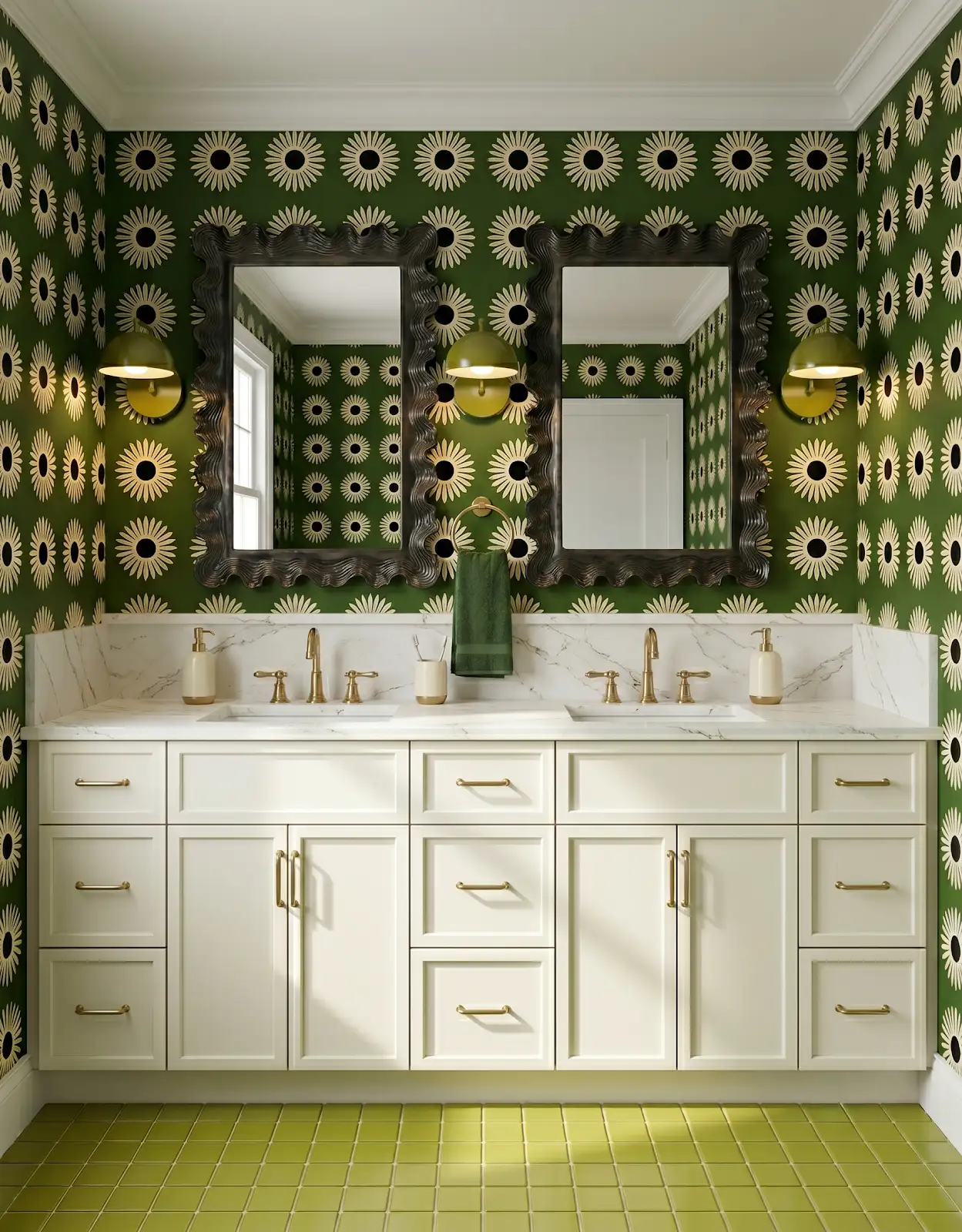 AI-generated room concept with cream vanity and green floor
