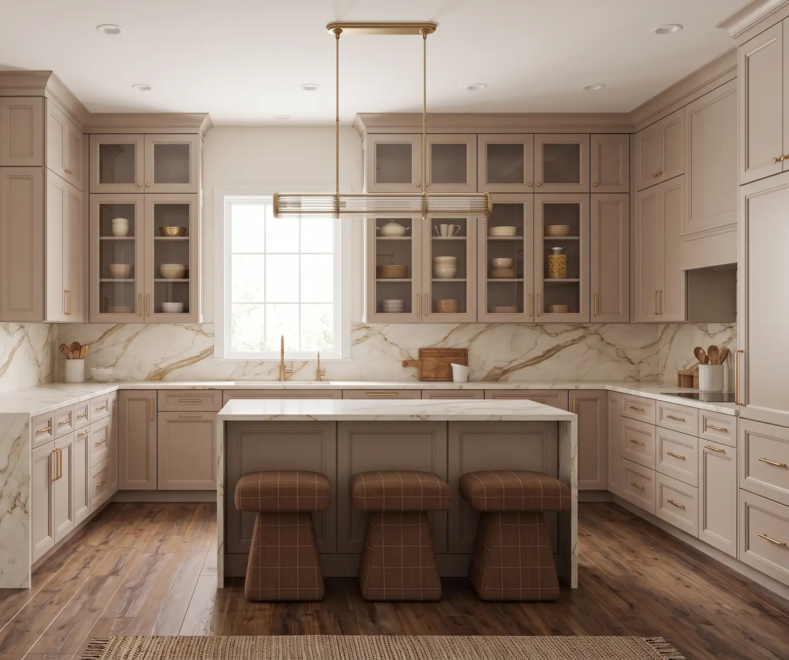 AI-generated room concept with warm taupe cabinets and a pale veined island