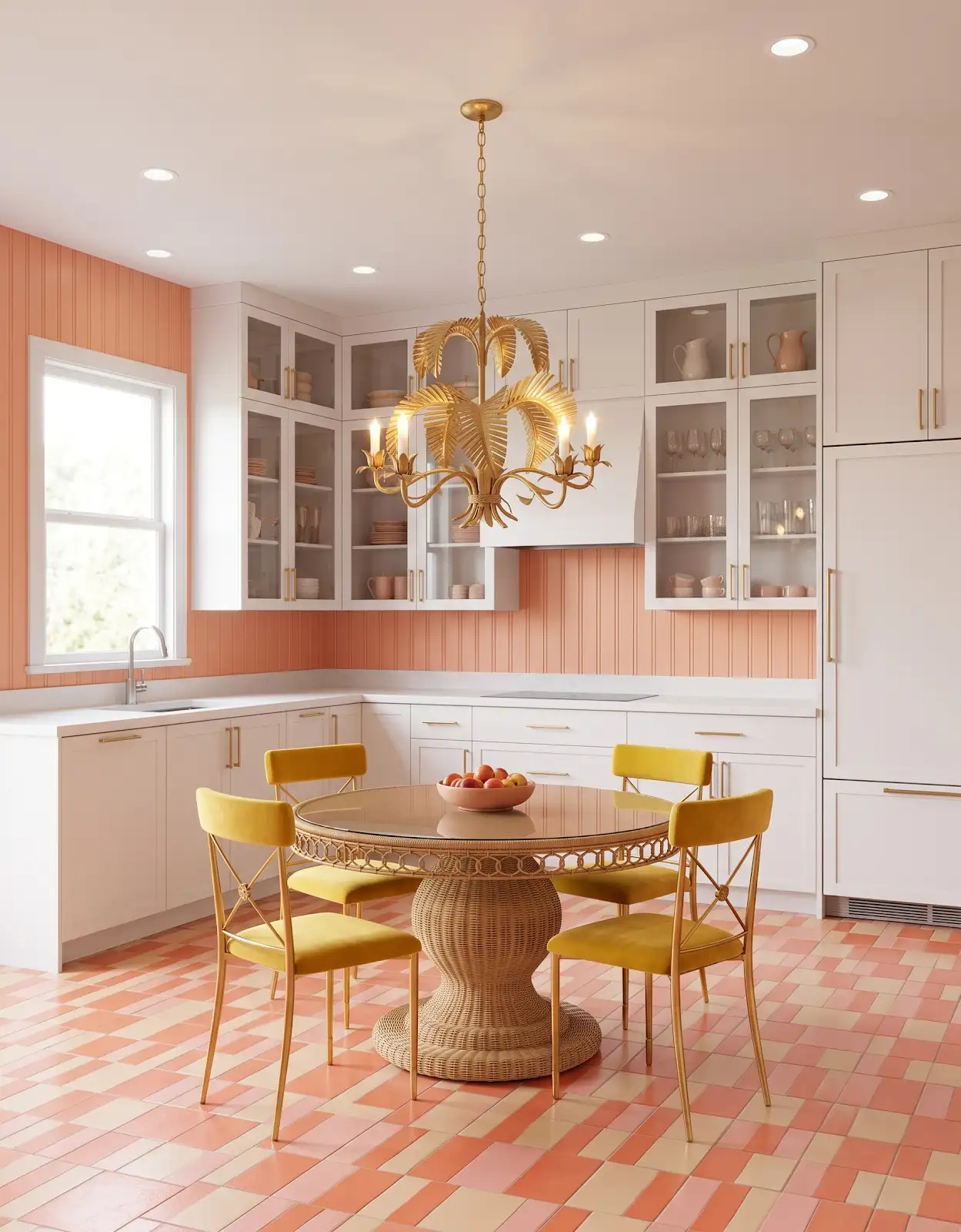 AI-generated room concept with white cabinets, peach walls and a patterned floor