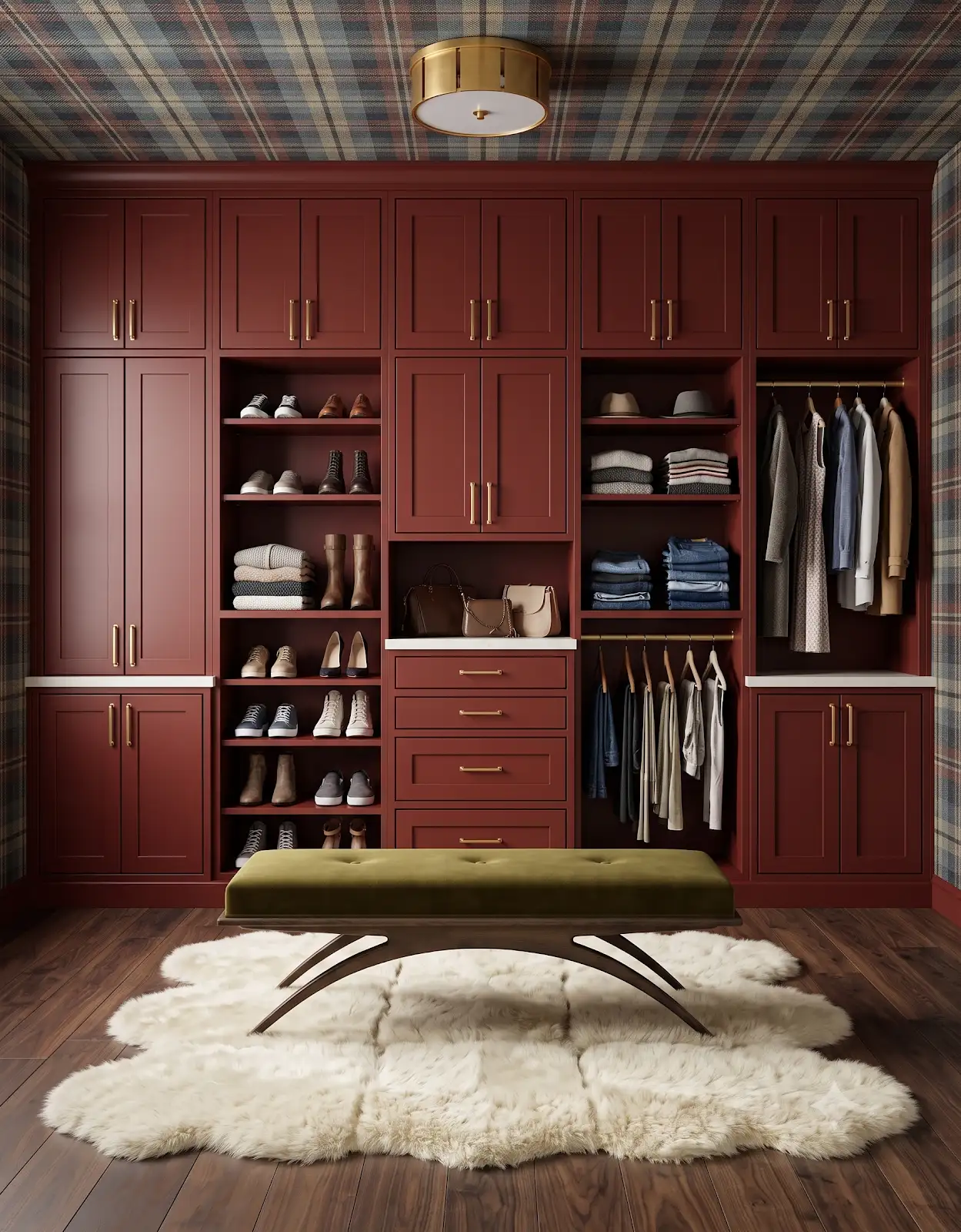AI-generated room concept with red closet cabinetry, a bench and a pale rug