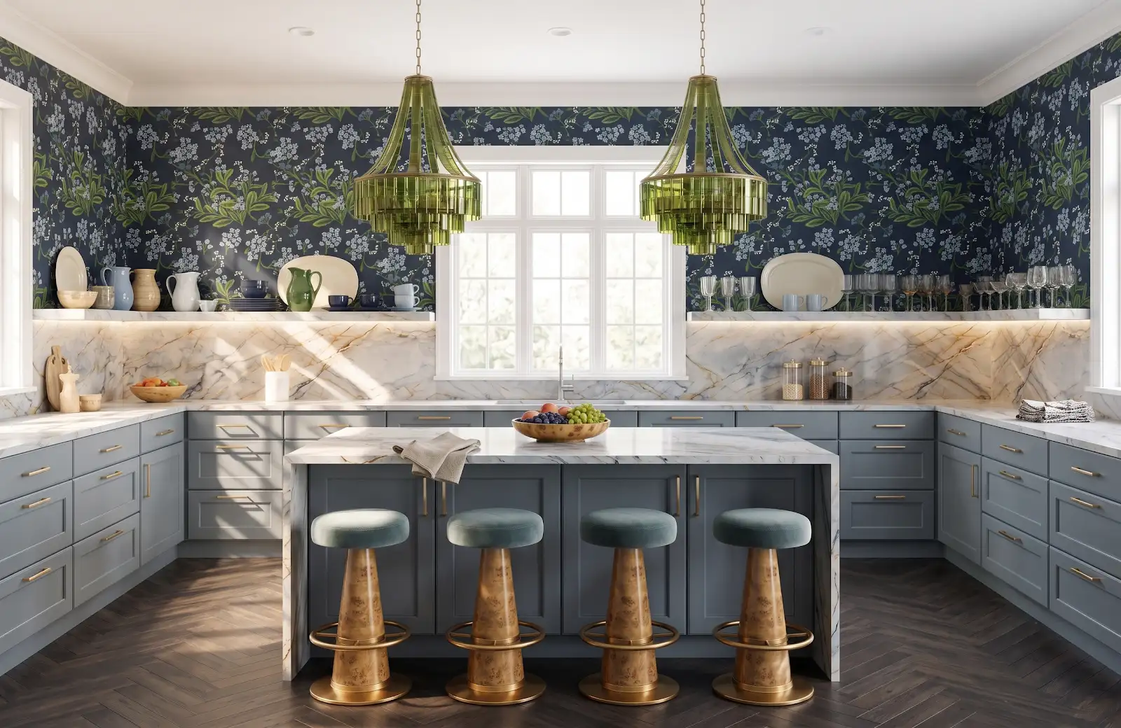 AI-generated room concept with blue-gray cabinets, botanical walls and a pale island