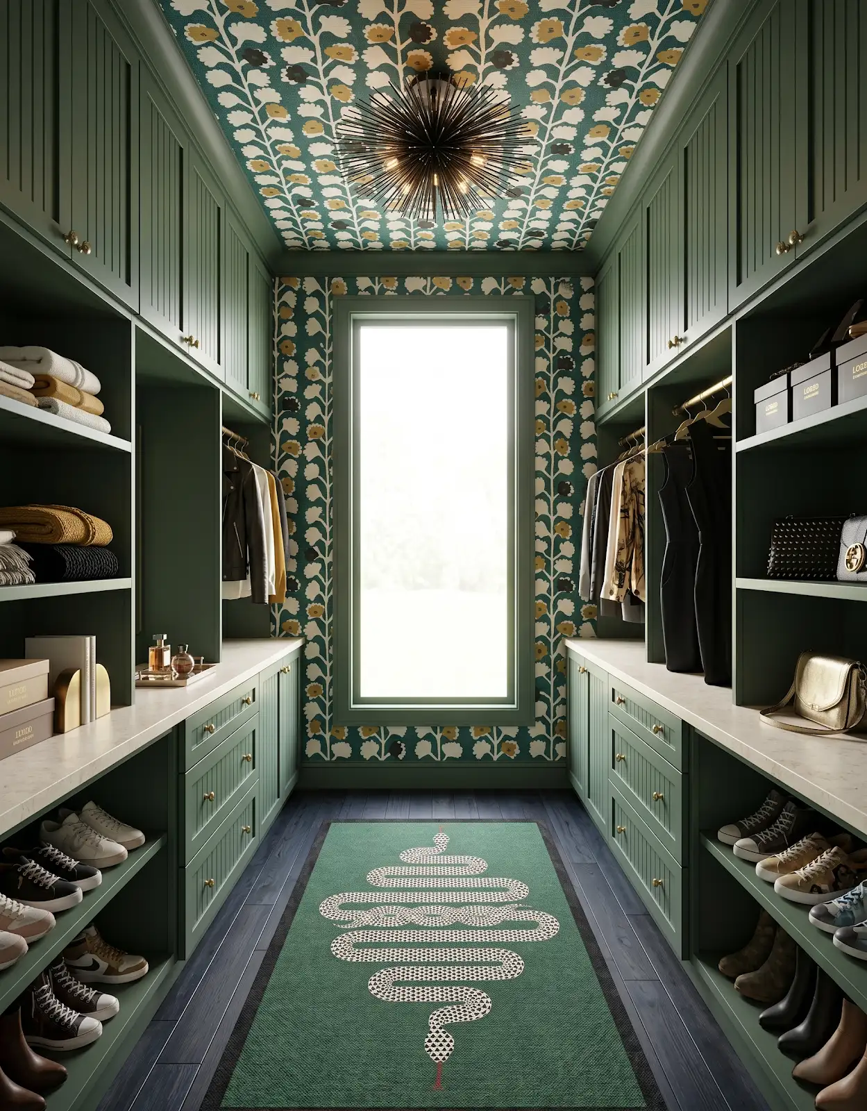 AI-generated room concept with deep green closet cabinetry and a patterned rug