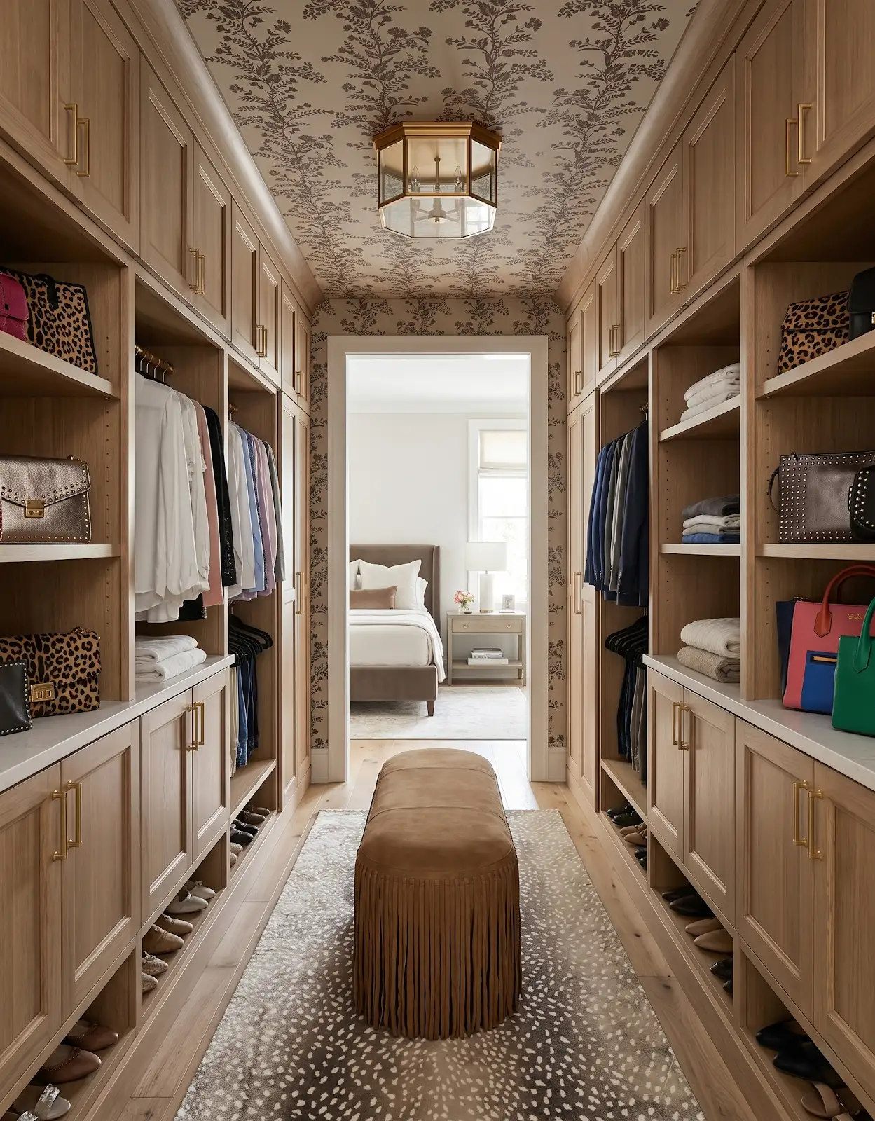 AI-generated room concept with wood closet cabinetry and a neutral runner