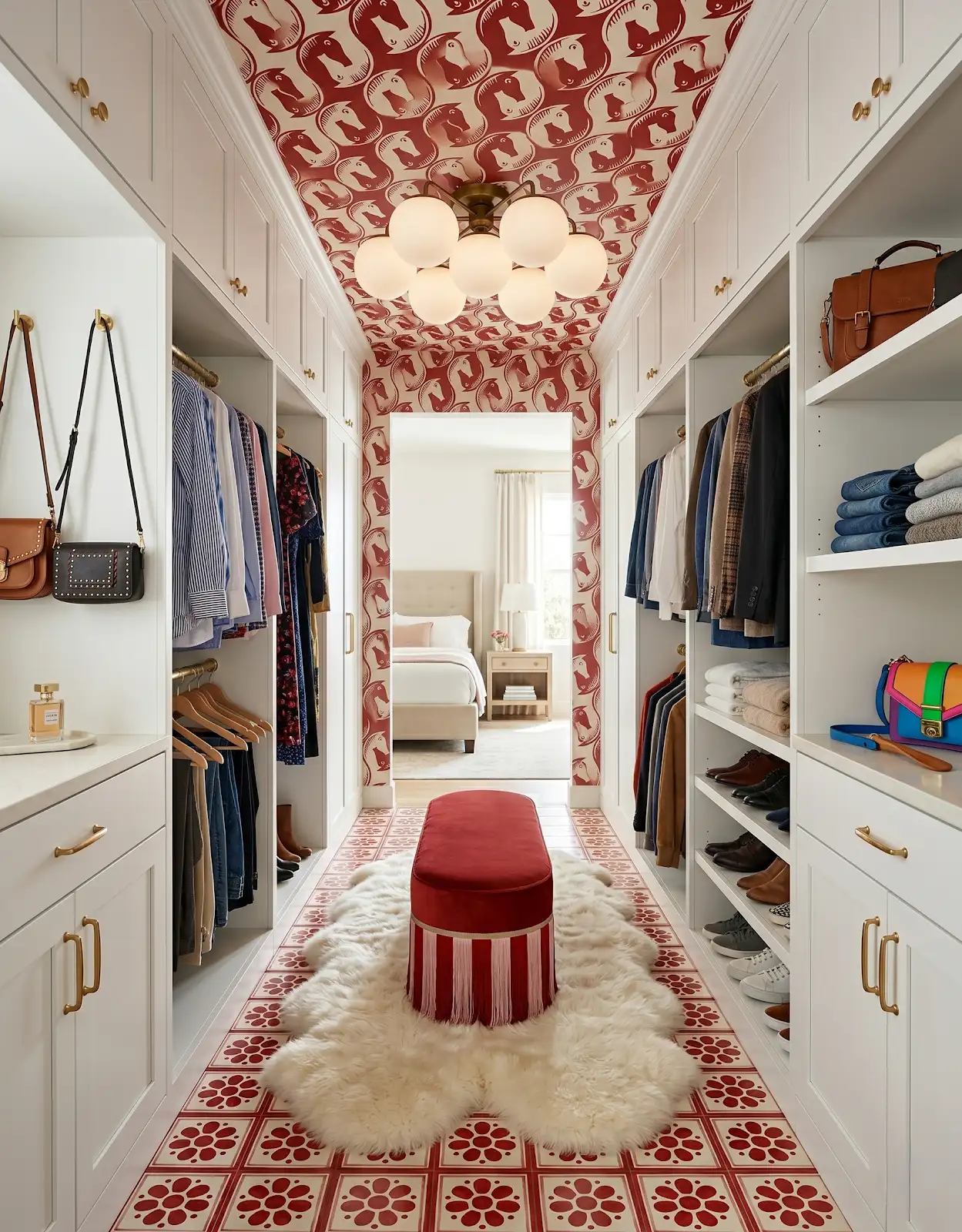 AI-generated room concept with white closet cabinetry, a red ottoman and patterned rug