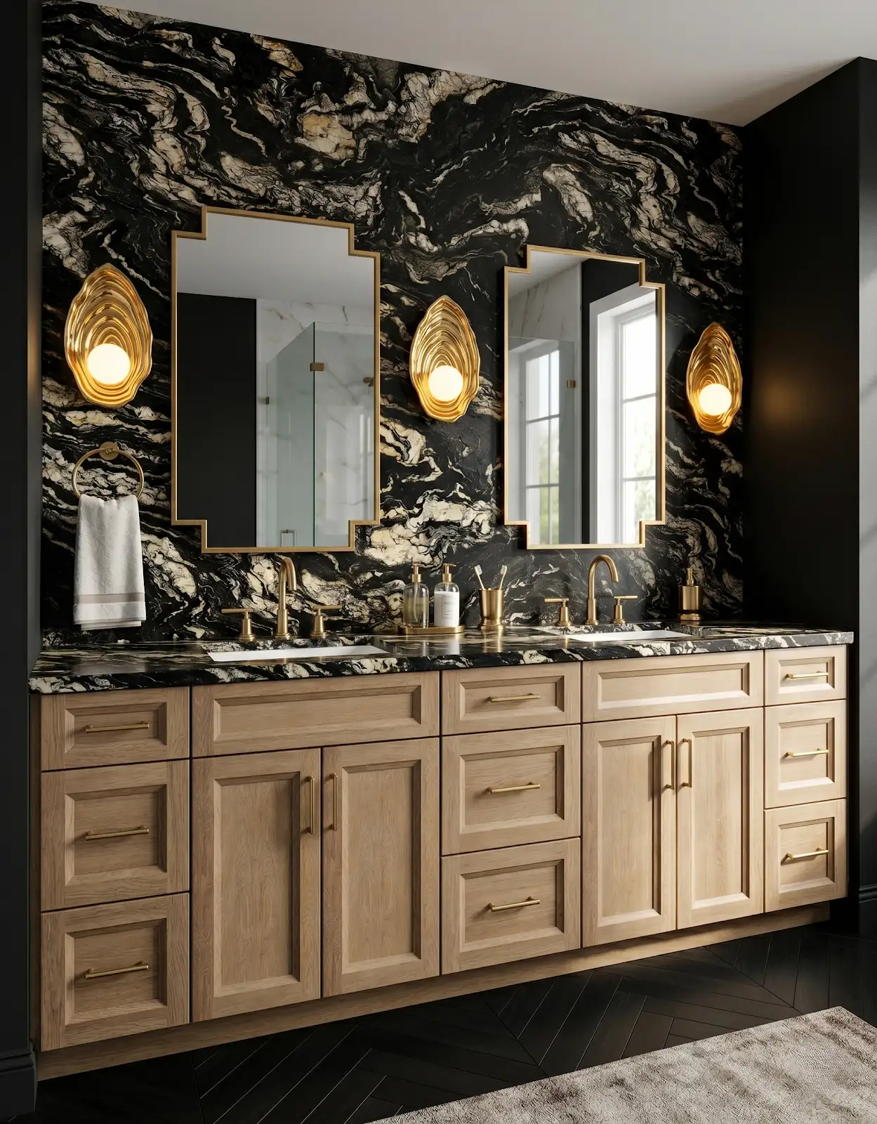 AI-generated room concept with wood vanity and dramatic black-and-cream wall