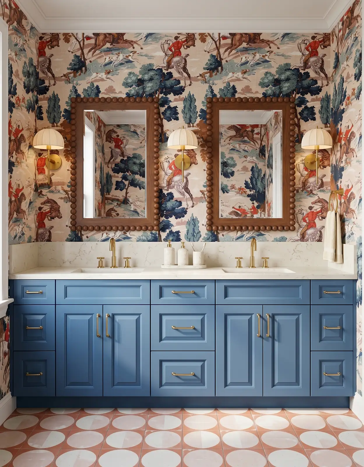 AI-generated room concept with blue vanity above a red-and-white circle-pattern floor