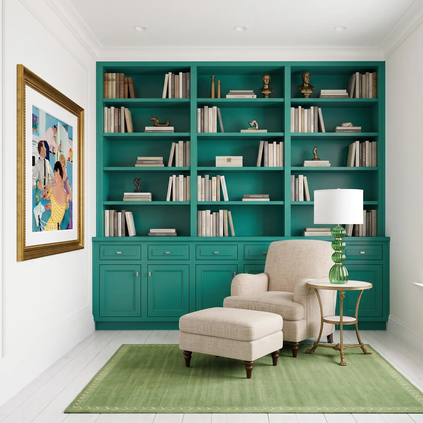 AI-generated room concept with teal bookshelves, framed artwork and a green rug