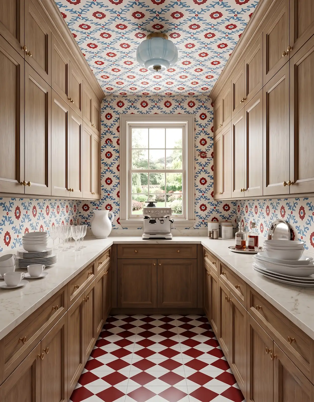AI-generated room concept with wood pantry cabinets and a red checked floor