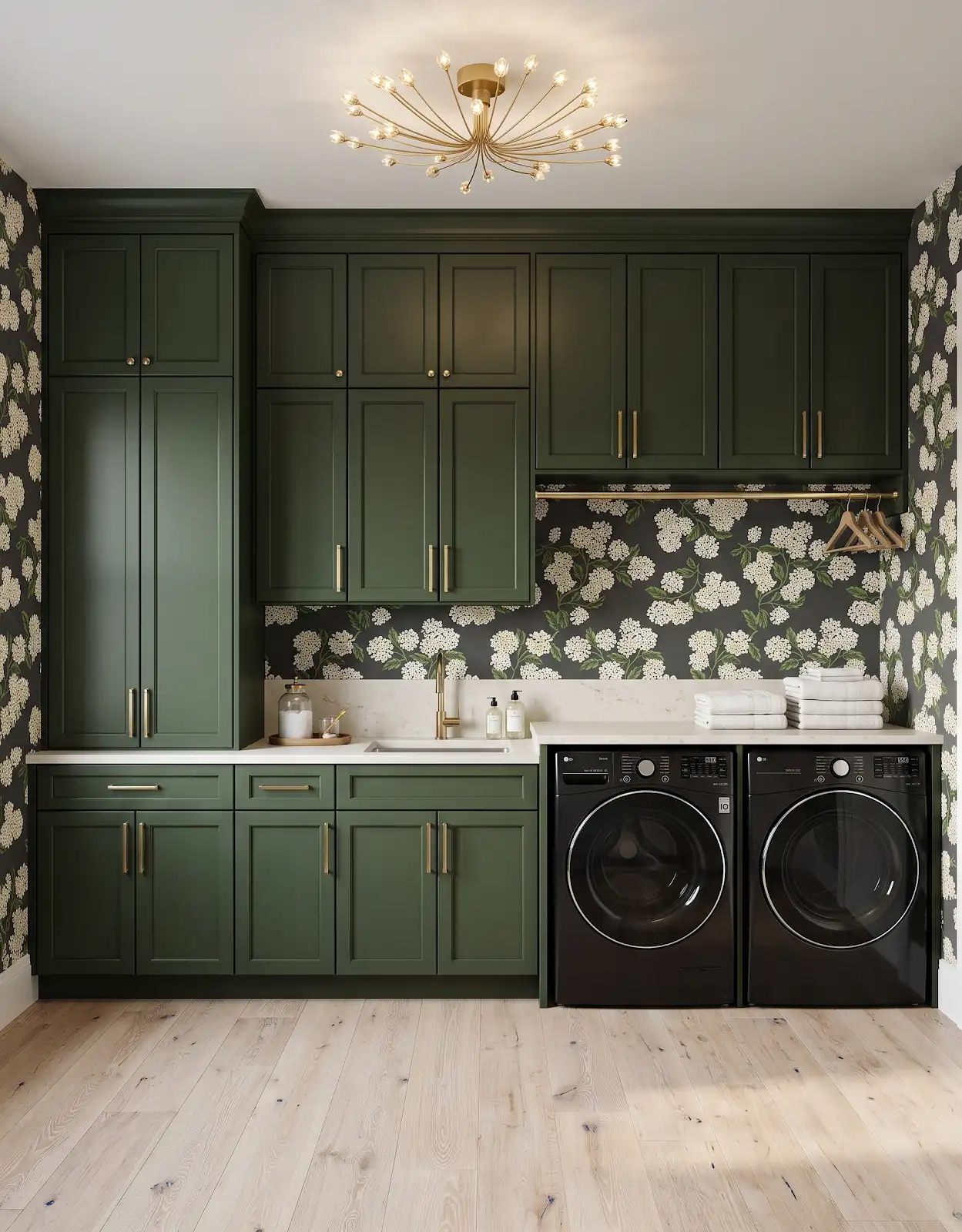 AI-generated room concept with deep green laundry cabinets above a pale floor