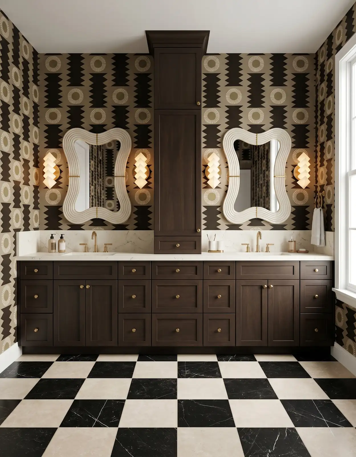 AI-generated room concept with dark vanity and black-and-white checked floor