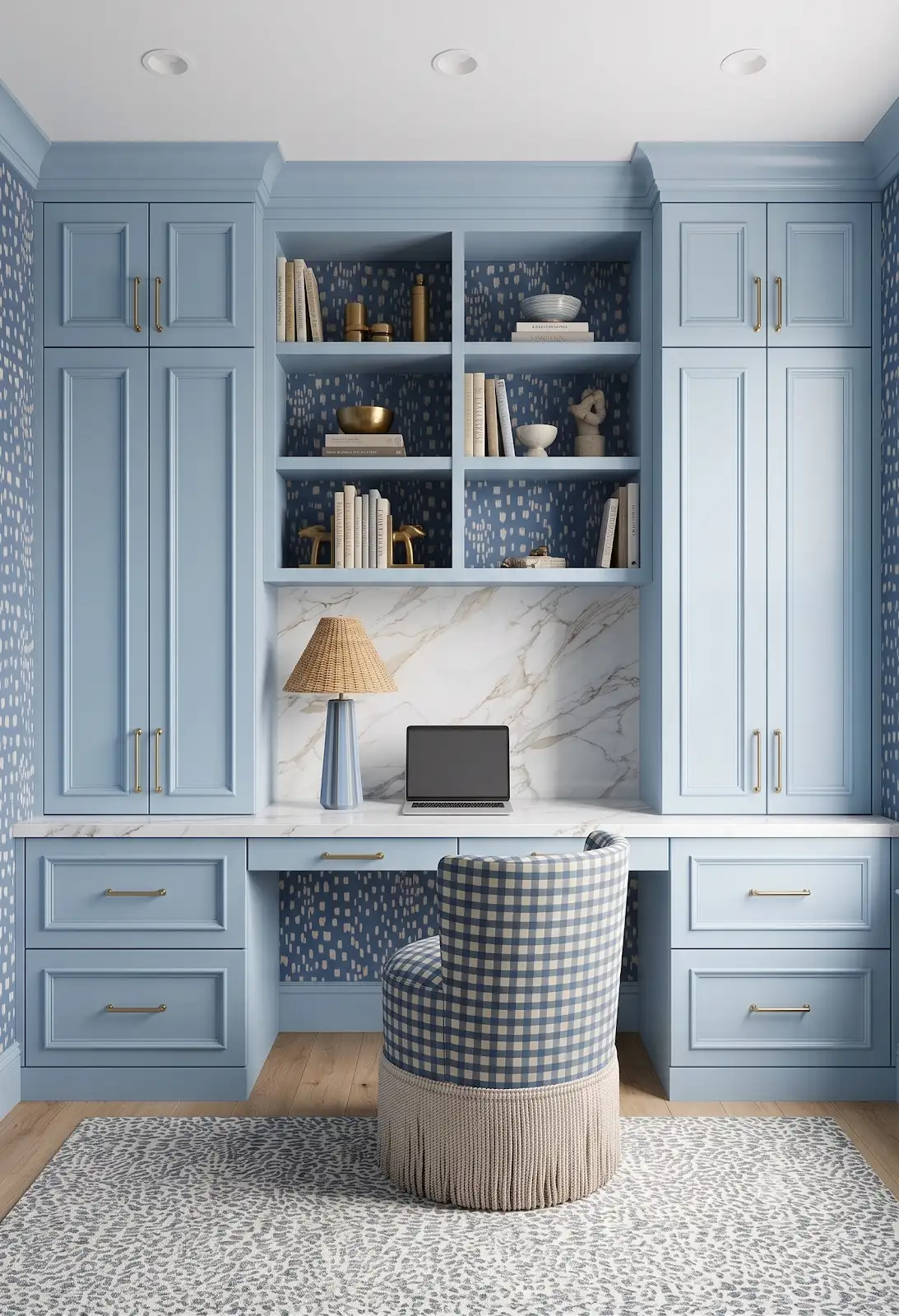 AI-generated room concept with pale blue desk cabinetry, a table lamp and a textured rug