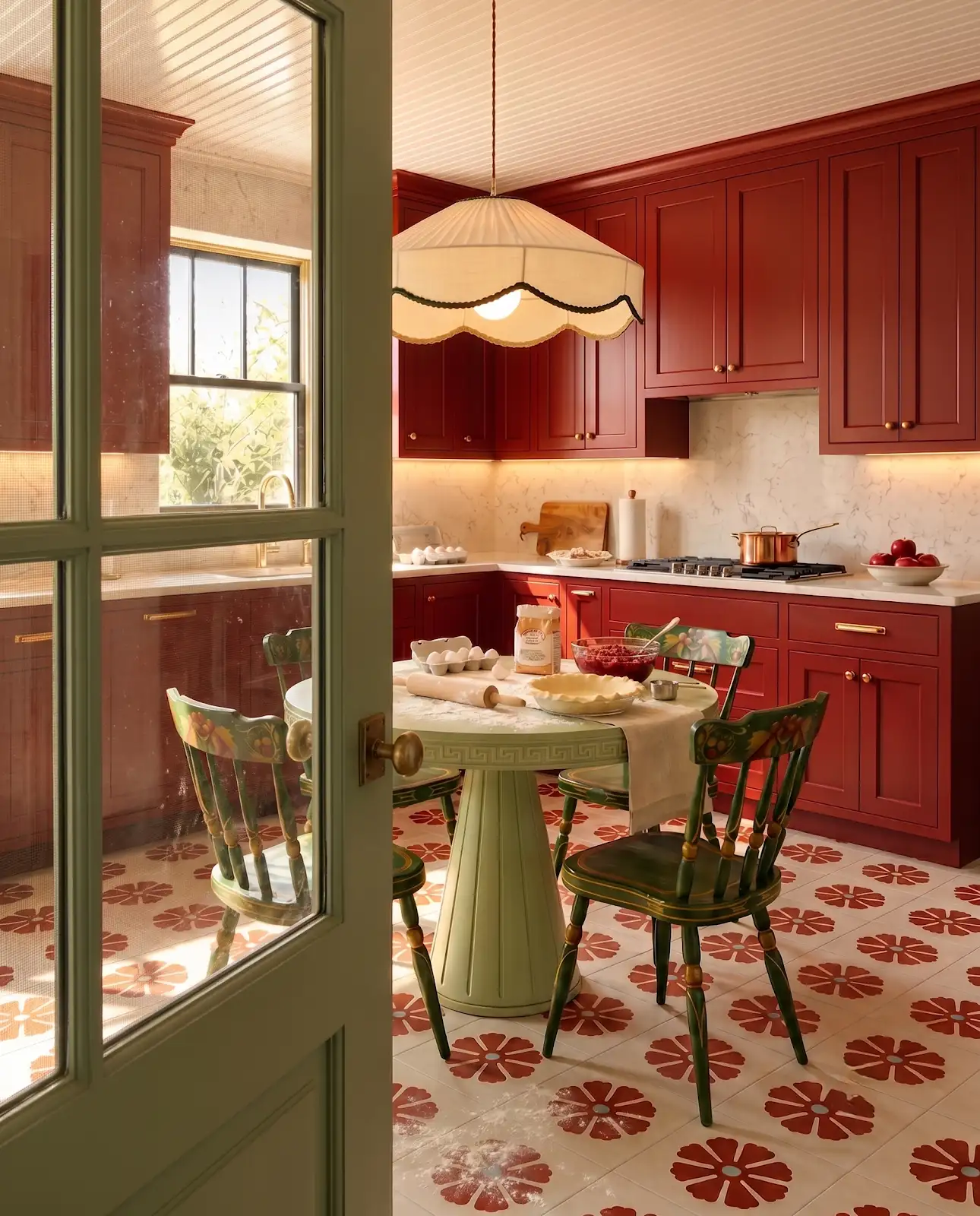 AI-generated room concept with red cabinets and a green doorway frame