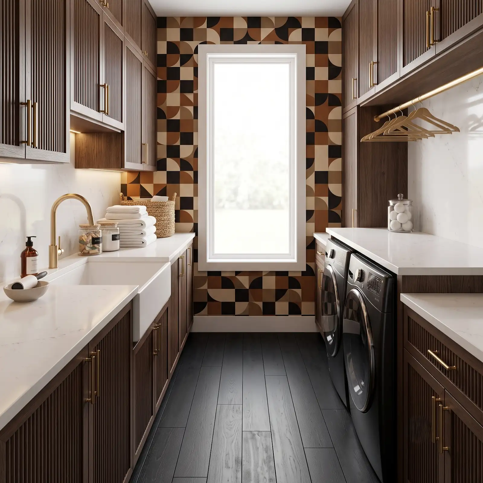 AI-generated room concept with dark wood laundry cabinets and a geometric wall