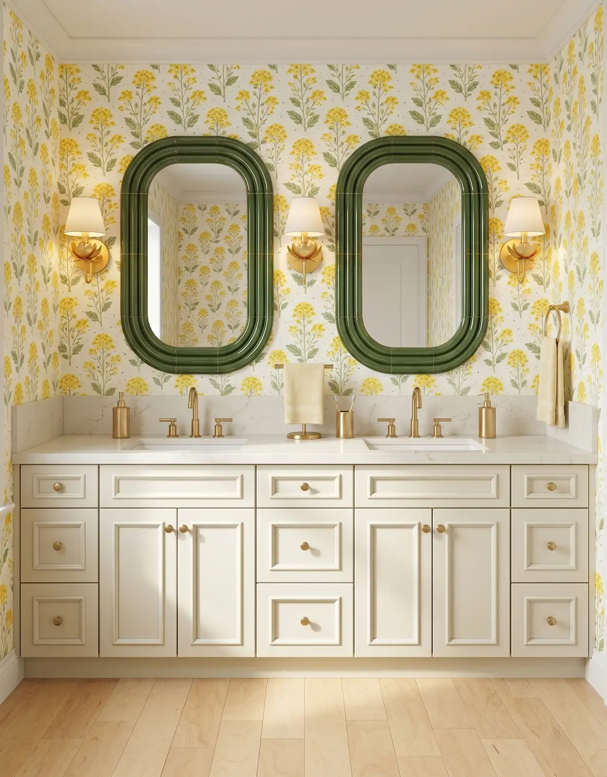 AI-generated room concept with cream vanity and yellow floral walls