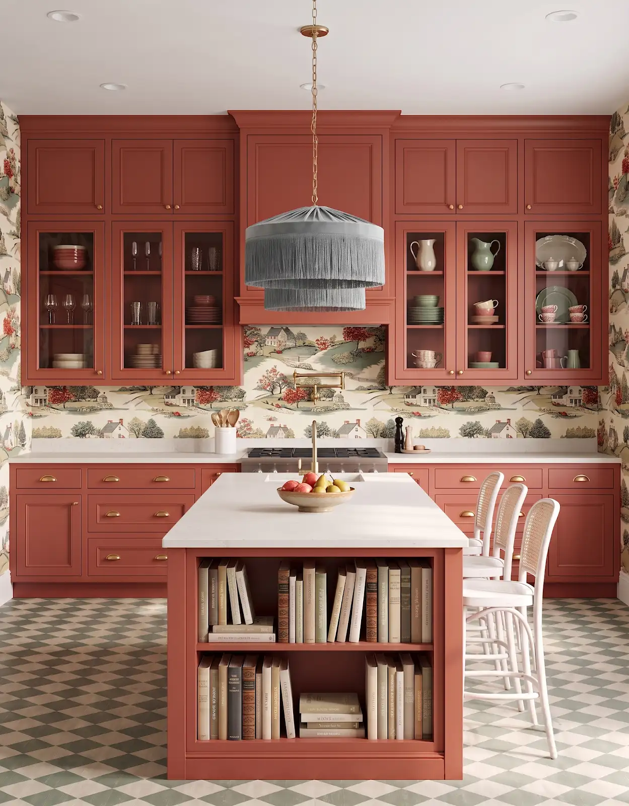 AI-generated room concept with brick-red cabinets and open island shelving