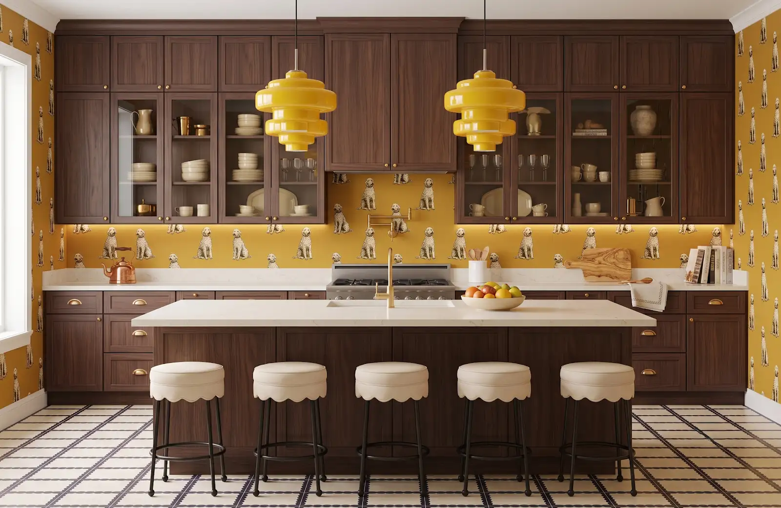 AI-generated room concept with dark wood cabinets, yellow pendants and a gridded floor
