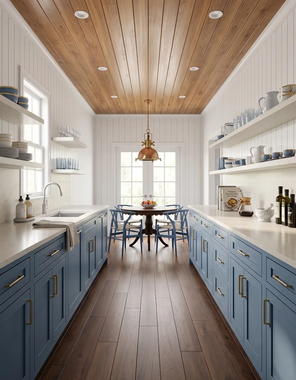 AI-generated room concept with blue galley cabinets beneath a wood ceiling