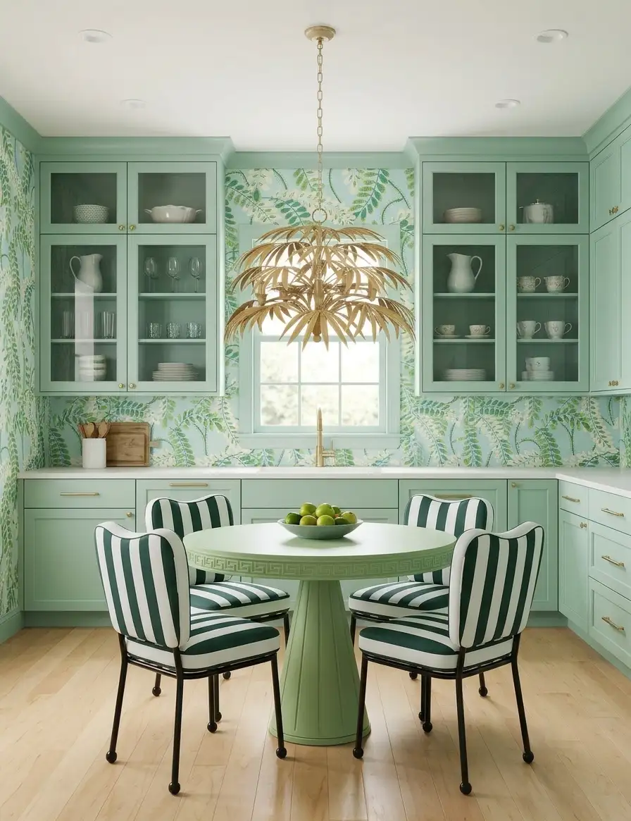 AI kitchen concept with pale green cabinets, botanical walls, a light wood-look floor and warm metal accents