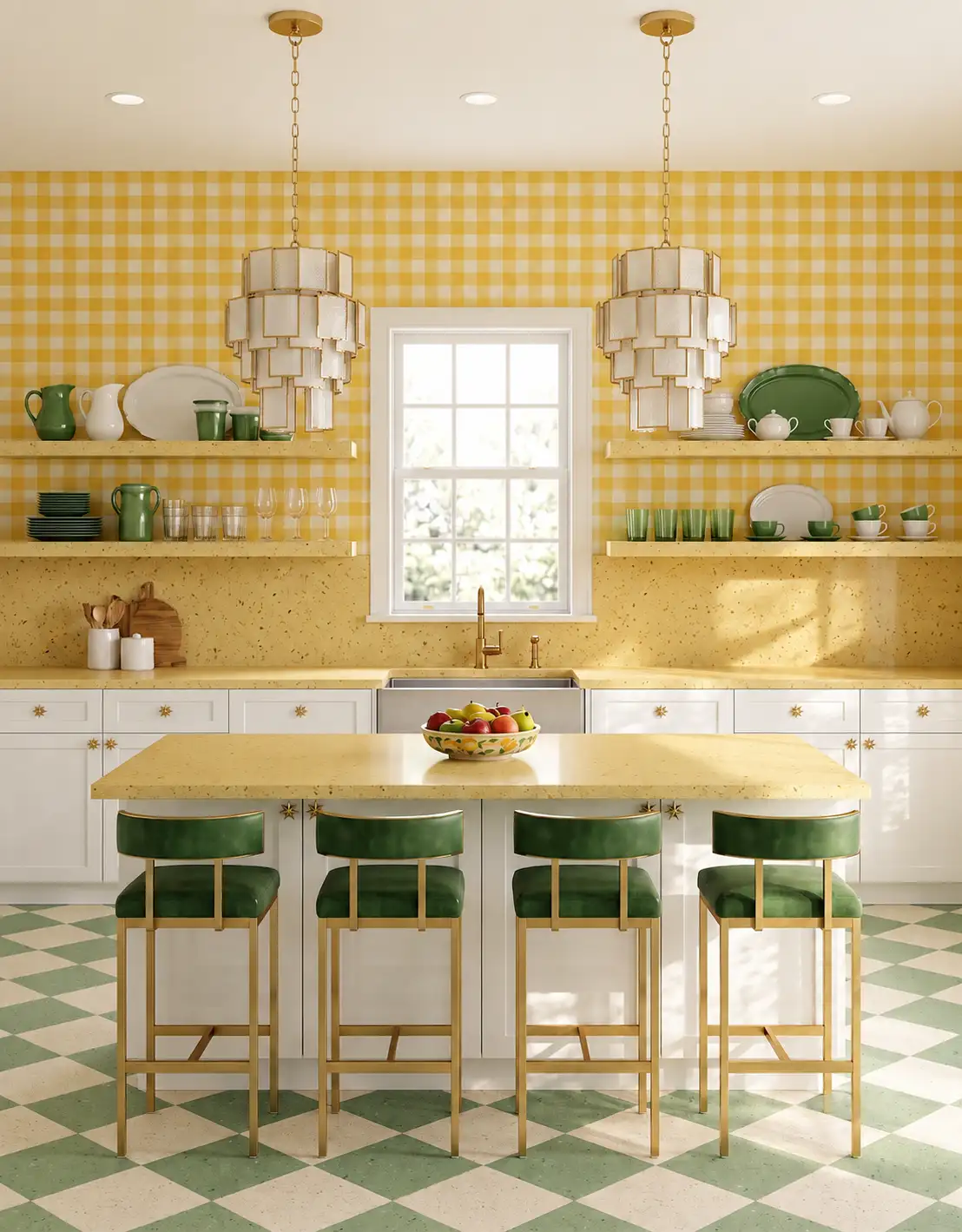 AI-generated room concept with white cabinets, yellow gingham and a green checked floor