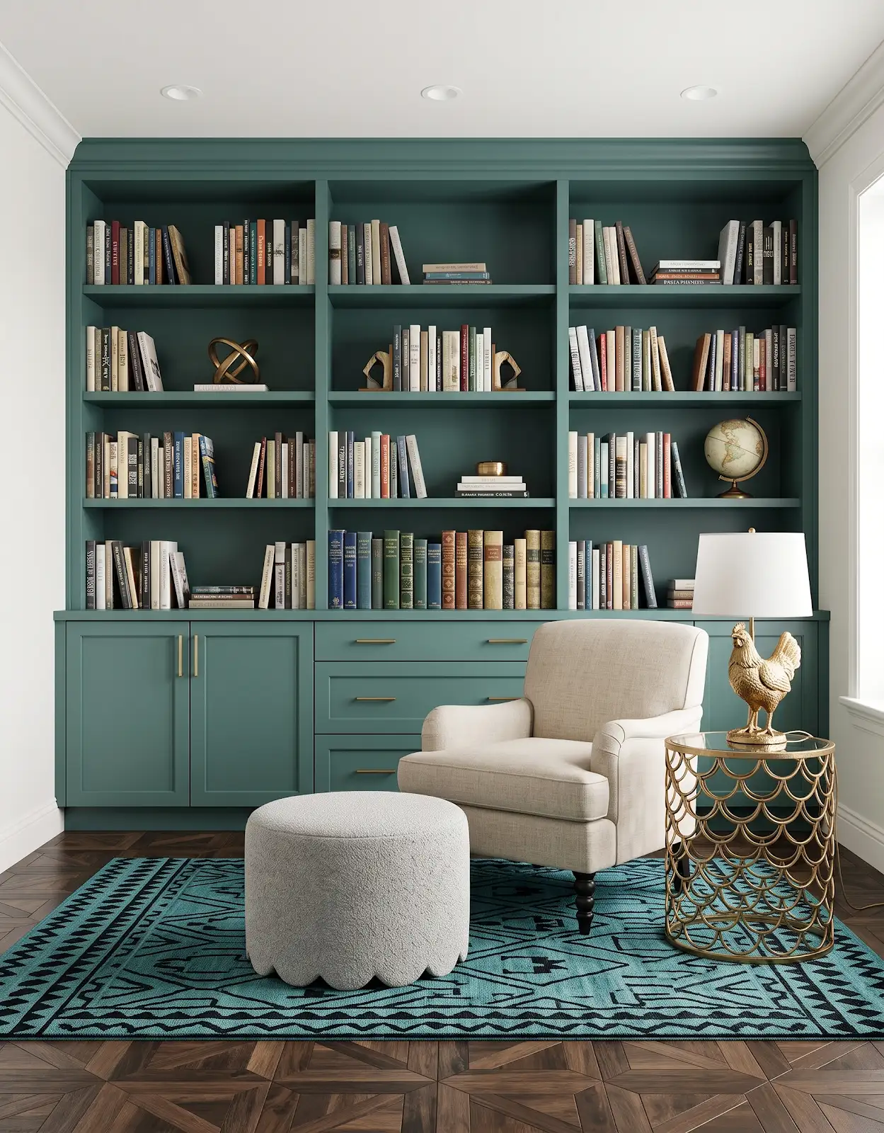 AI-generated room concept with teal bookshelves, a cream chair and a patterned rug