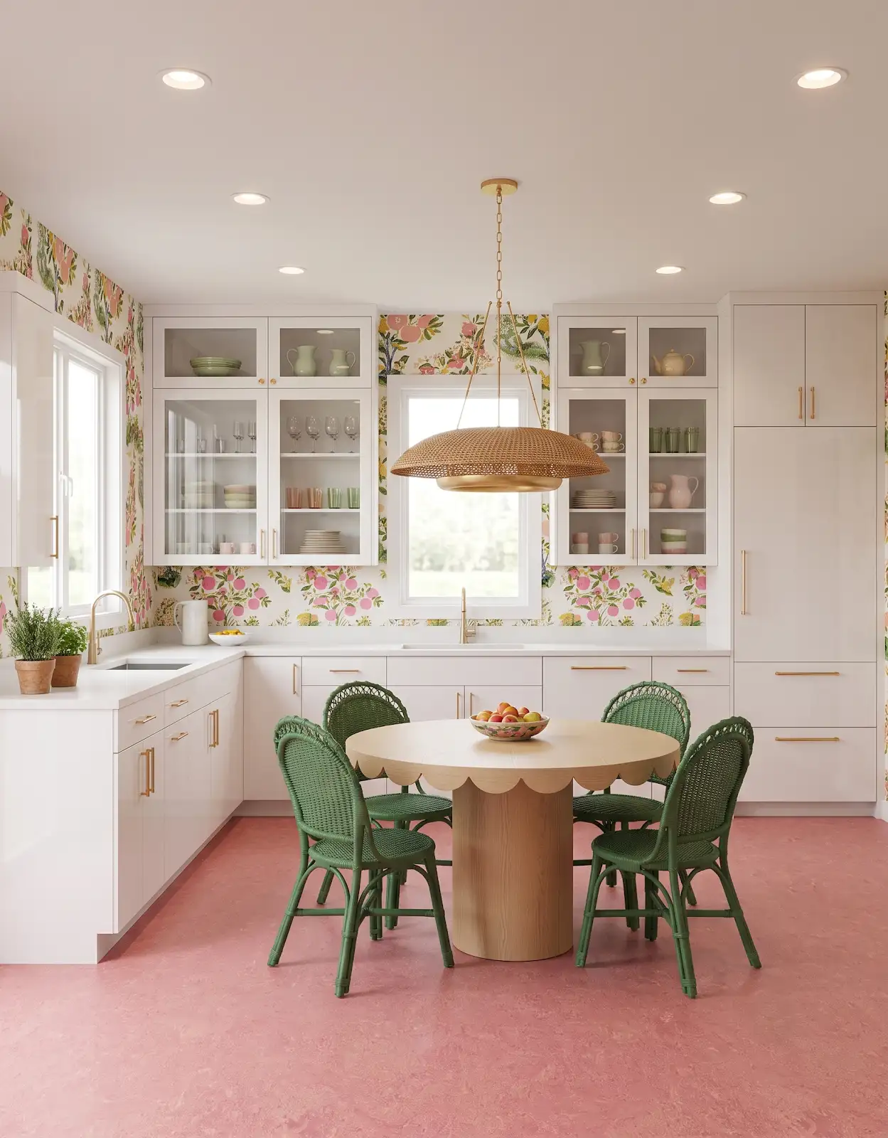 AI-generated room concept with white glass-front cabinets above a pink floor