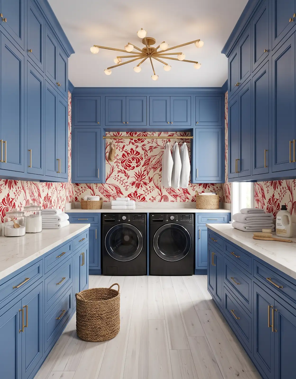 AI-generated room concept with blue laundry cabinets above a pale floor