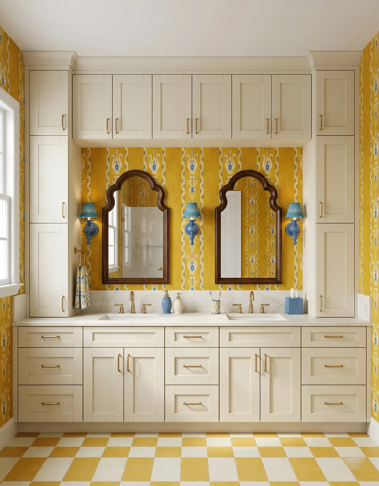 AI-generated room concept with cream vanity storage and yellow checked floor